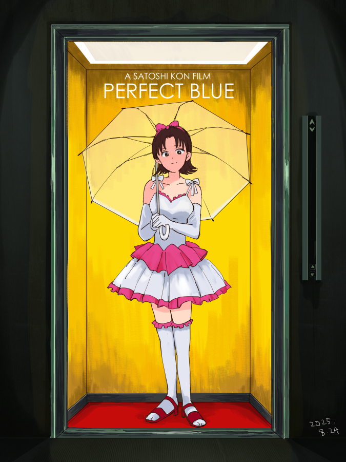 mutsu (layergreen), kirigoe mima, kon satoshi (director), perfect blue, tagme, 1girl, bow, dress, elevator, frilled dress, frills, hair bow, pink bow, red shoes, shoes, solo, umbrella