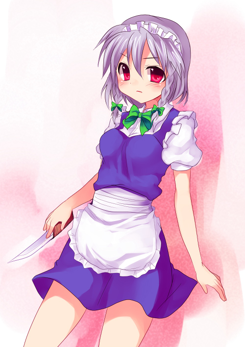 subaru (yachika), izayoi sakuya, touhou, silver hair, 1girl, braid, female focus, knife, maid, short hair, solo, twin braids