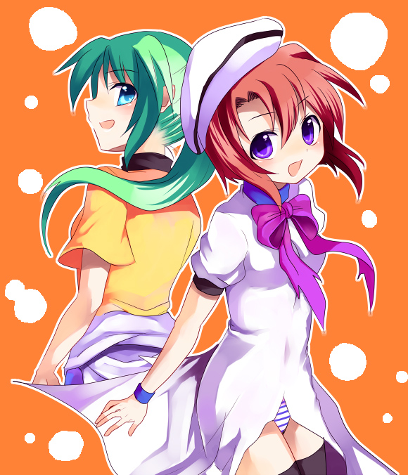 subaru (yachika), ryuuguu rena, sonozaki mion, higurashi no naku koro ni, 00s, 2girls, multiple girls, panties, school uniform, serafuku, striped clothes, striped panties, underwear