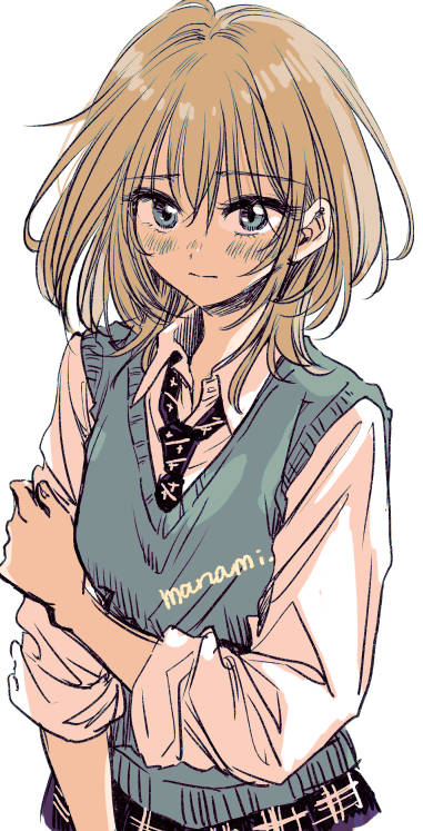 sugano manami, commentary request, 1girl, artist name, black necktie, black skirt, blue eyes, blue sweater vest, blush, brown hair, closed mouth, collared shirt, hair between eyes, hand on own arm, looking at viewer, medium hair, memories (sugano manami), necktie, plaid clothes, plaid skirt, school uniform, shirt, signature, simple background, sketch, skirt, sleeves rolled up, solo, sweater vest, upper body, white background, white shirt
