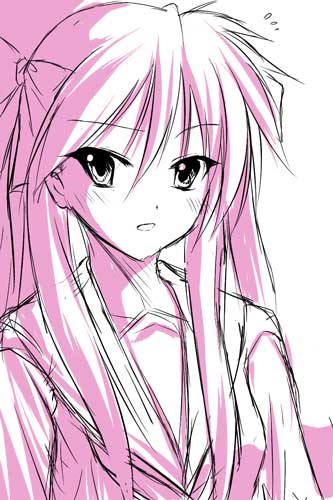 ryuushou, hiiragi kagami, lucky star, lowres, 00s, 1girl, female focus, monochrome, pink theme, sketch, solo