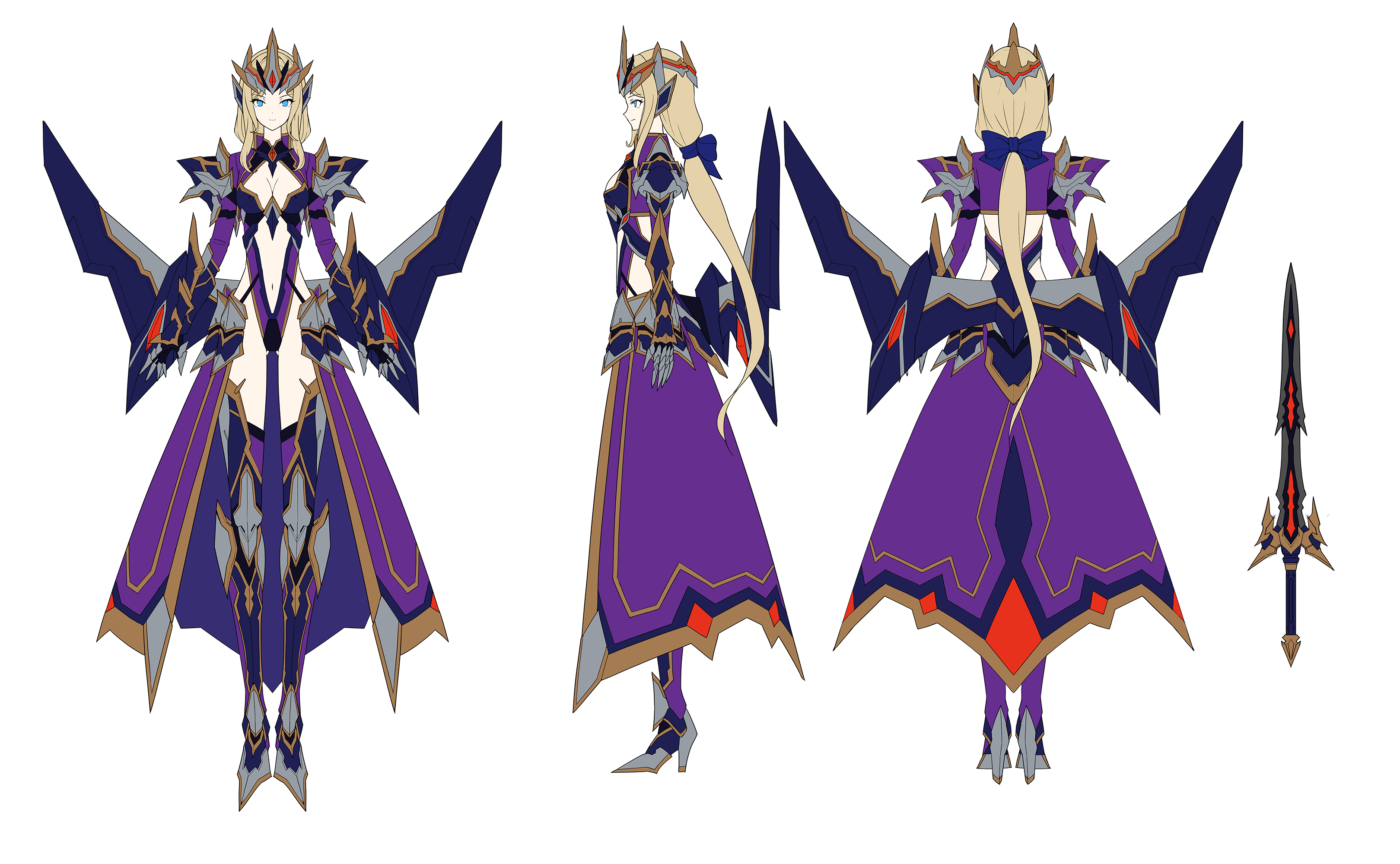 mytea (soso), original, absurdres, highres, 1girl, armored boots, arms at sides, blonde hair, blue eyes, boots, breasts, circlet, from behind, from side, full body, high heels, long hair, low wings, mechanical wings, medium breasts, multiple views, navel, reference sheet, smile, solo, sword, thighhighs, very long hair, waist cape, weapon, white background, wings