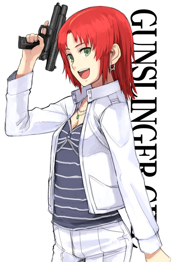 yu 65026, petrushka, gunslinger girl, 00s, 1girl, female focus, flat chest, green eyes, gun, handgun, jewelry, necklace, red hair, smile, solo, trigger discipline, weapon