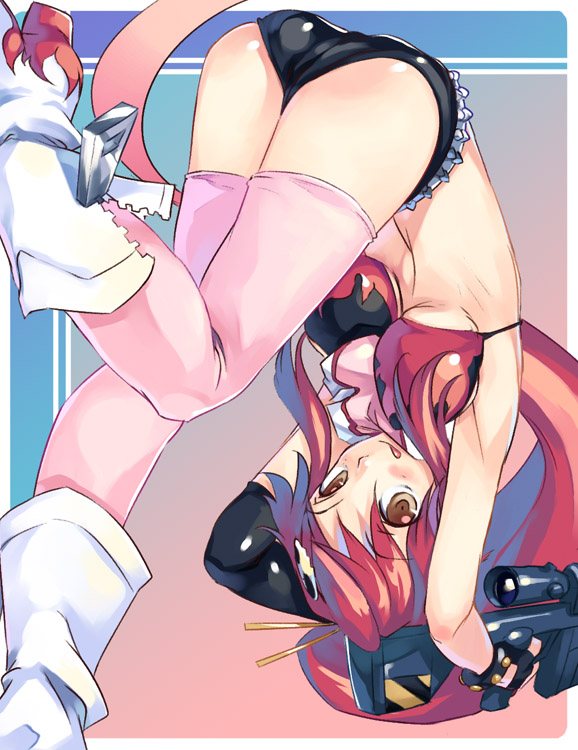 mikage sekizai, yoko littner, tengen toppa gurren lagann, 00s, 1girl, anti-materiel rifle, bikini, bikini top only, black bikini, female focus, gun, micro shorts, pink thighhighs, red hair, rifle, short shorts, shorts, sniper rifle, solo, swimsuit, thighhighs, tongue, tongue out, upside-down, weapon, yellow eyes
