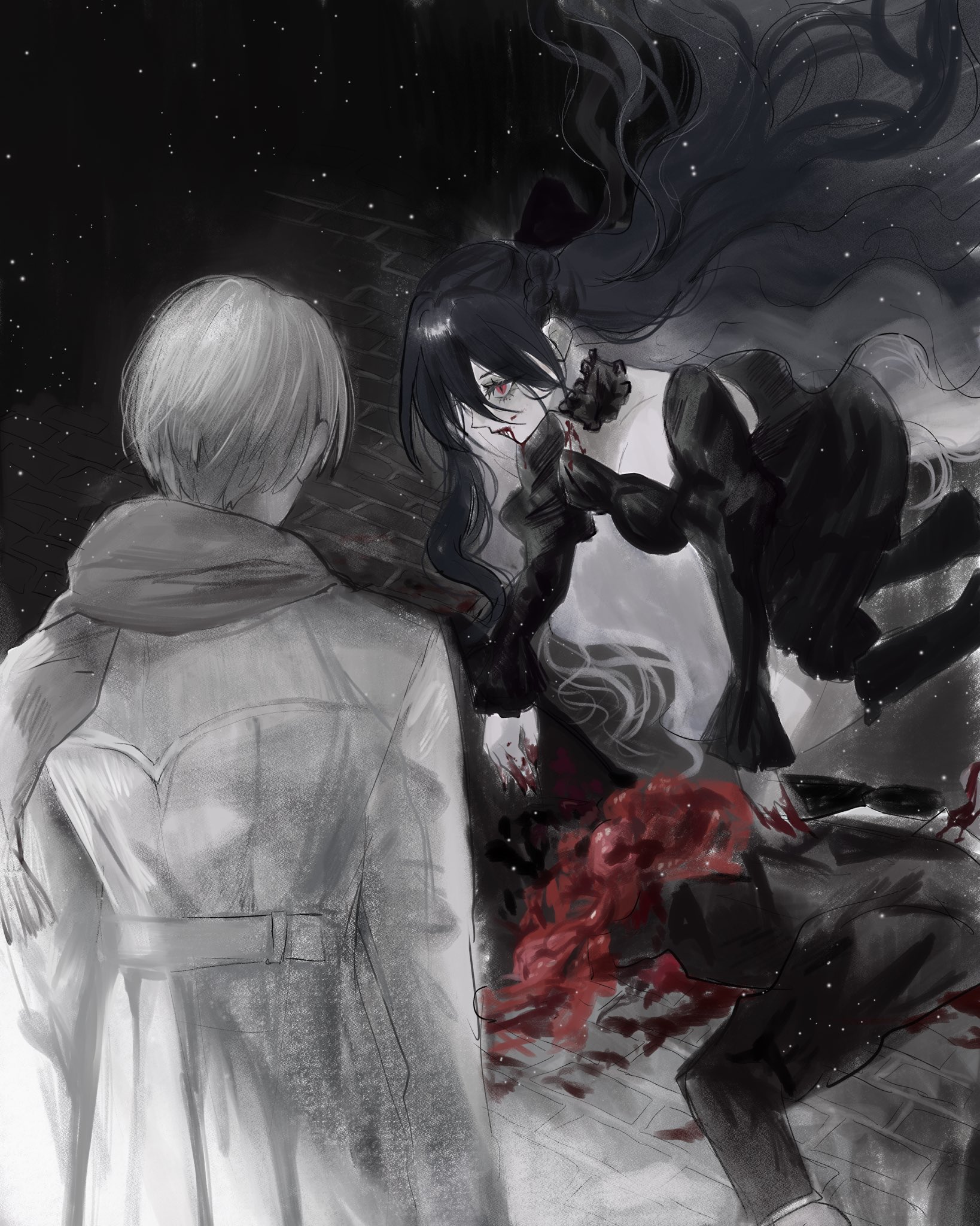 akai ringo (eveyuno), another, original, highres, 1boy, 1girl, black hair, blood, death, floating hair, long hair, looking at another, red eyes, short hair, very long hair