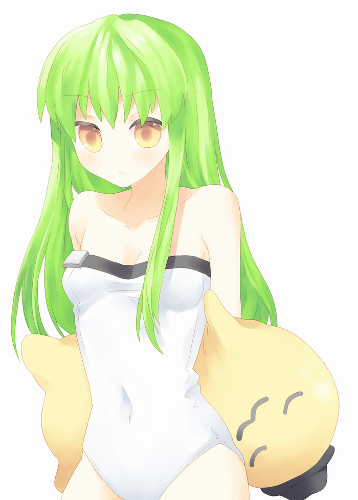 mozu (modagoro), c.c., cheese-kun, code geass, pizza hut, 00s, 1girl, adapted costume, breasts, cleavage, collarbone, cowboy shot, female focus, holding, one-piece swimsuit, sidelocks, simple background, skin tight, small breasts, solo, strapless, strapless one-piece swimsuit, swimsuit, white background