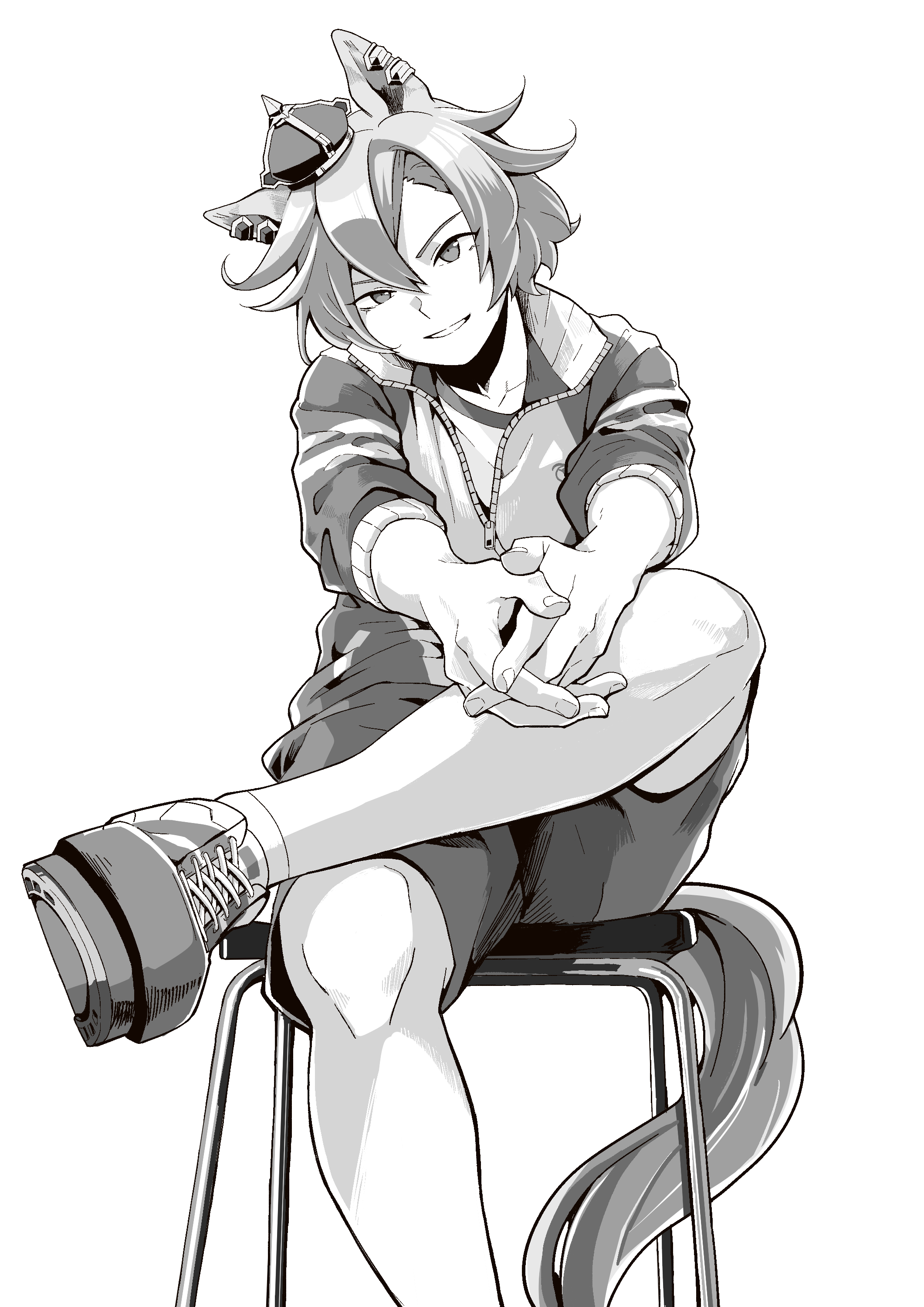 dogeyama um, t.m. opera o (umamusume), umamusume, absurdres, highres, 1girl, animal ears, asymmetrical hair, chair, collared jacket, crossed legs, crown, fingernails, foot out of frame, greyscale, gym shirt, hair between eyes, head tilt, horse ears, horse girl, horse tail, jacket, looking at viewer, mini crown, monochrome, on chair, outstretched arms, own hands together, parted lips, partially unzipped, shirt, shoes, short hair, shorts, simple background, sitting, smile, solo, straight-on, tail, tomboy, track jacket, white background, zipper, zipper pull tab
