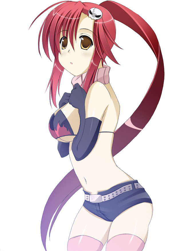 shio, yoko littner, gainax, tengen toppa gurren lagann, eyebrows, 00s, 1girl, :o, bare shoulders, belt, bikini, bikini top only, black gloves, black shorts, blush, breasts, breasts squeezed together, cowboy shot, female focus, flame print, from side, gloves, gradient hair, hair between eyes, hair ornament, long hair, midriff, multicolored hair, navel, pink thighhighs, ponytail, purple hair, red hair, scarf, shorts, sideboob, simple background, skull hair ornament, solo, stomach, swimsuit, thighhighs, underboob, white background, yellow eyes