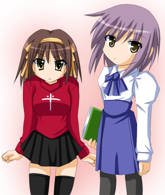 jun (aoerm), nagato yuki, suzumiya haruhi, fate/stay night, fate (series), suzumiya haruhi no yuuutsu, 00s, 2girls, black thighhighs, cosplay, crossover, looking at viewer, multiple girls, skirt, thighhighs