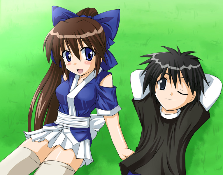 jun (aoerm), suzu (nagasarete airantou), touhouin ikuto, nagasarete airantou, 00s, 1boy, 1girl, arm support, arms behind head, black eyes, black hair, blue eyes, blush, bow, brown hair, couple, grass, hair bow, hetero, japanese clothes, kimono, long hair, lying, ninja, on back, one eye closed, outdoors, ponytail, shirt, short hair, short kimono, sitting, smile, spiked hair, t-shirt, thighhighs, very long hair, wink, zettai ryouiki