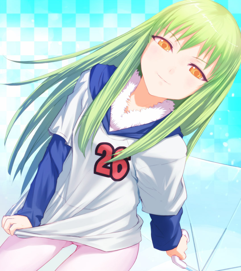 uni (plastic girl), amber (darker than black), darker than black, 00s, 1girl, checkered background, clothes writing, female focus, green hair, holding, jersey, light smile, long hair, looking at viewer, shirt tug, smile, solo, umbrella, yellow eyes