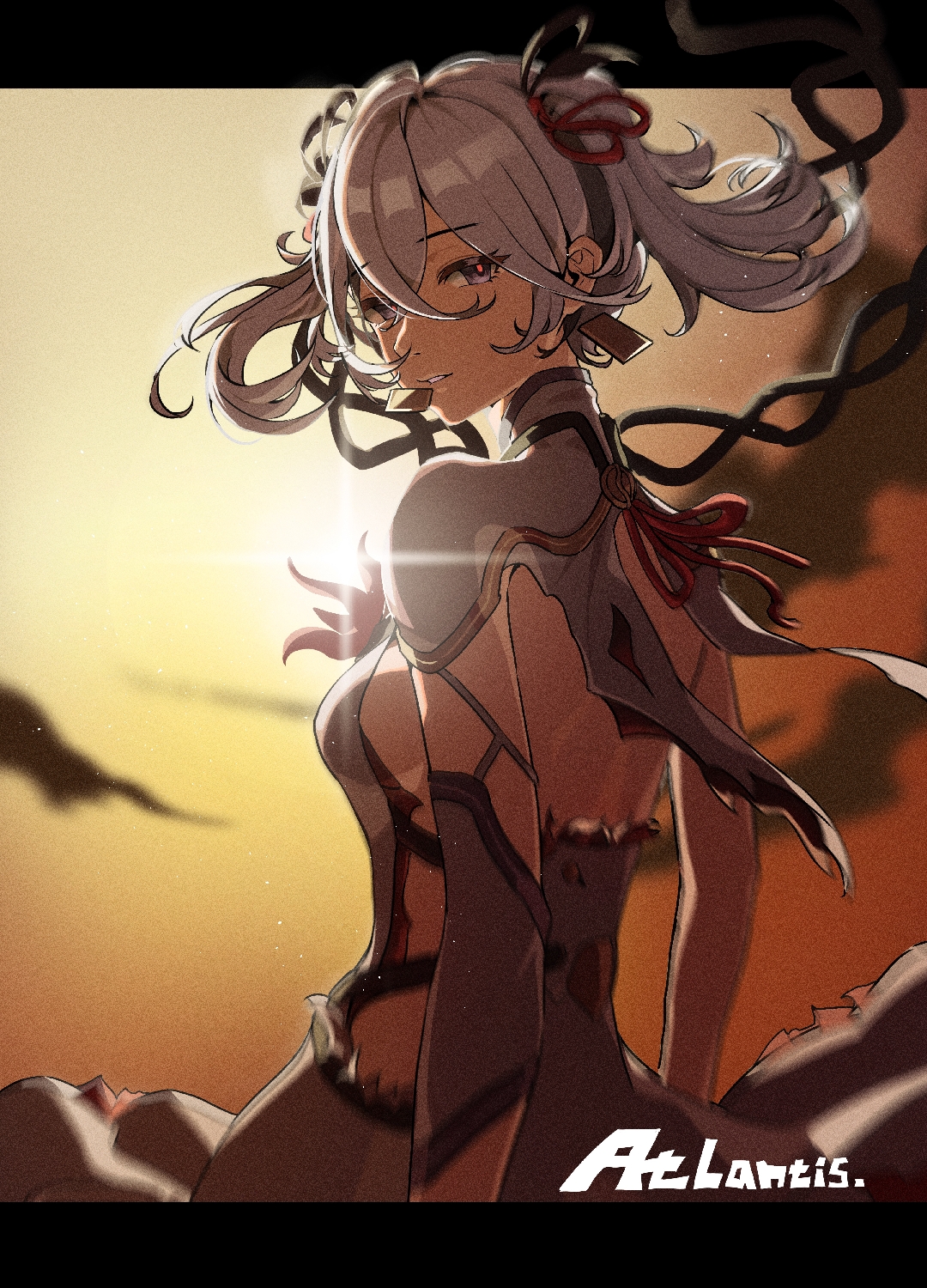 atlantis (artist), camellya (wuthering waves), wuthering waves, highres, 1girl, artist name, black eyes, breasts, collar, dress, earrings, from behind, gold earrings, hair between eyes, hair ribbon, hair vines, jewelry, letterboxed, looking at viewer, medium breasts, missing commentary, parted lips, red pupils, red ribbon, ribbon, short hair, solo, white collar, white dress, white hair