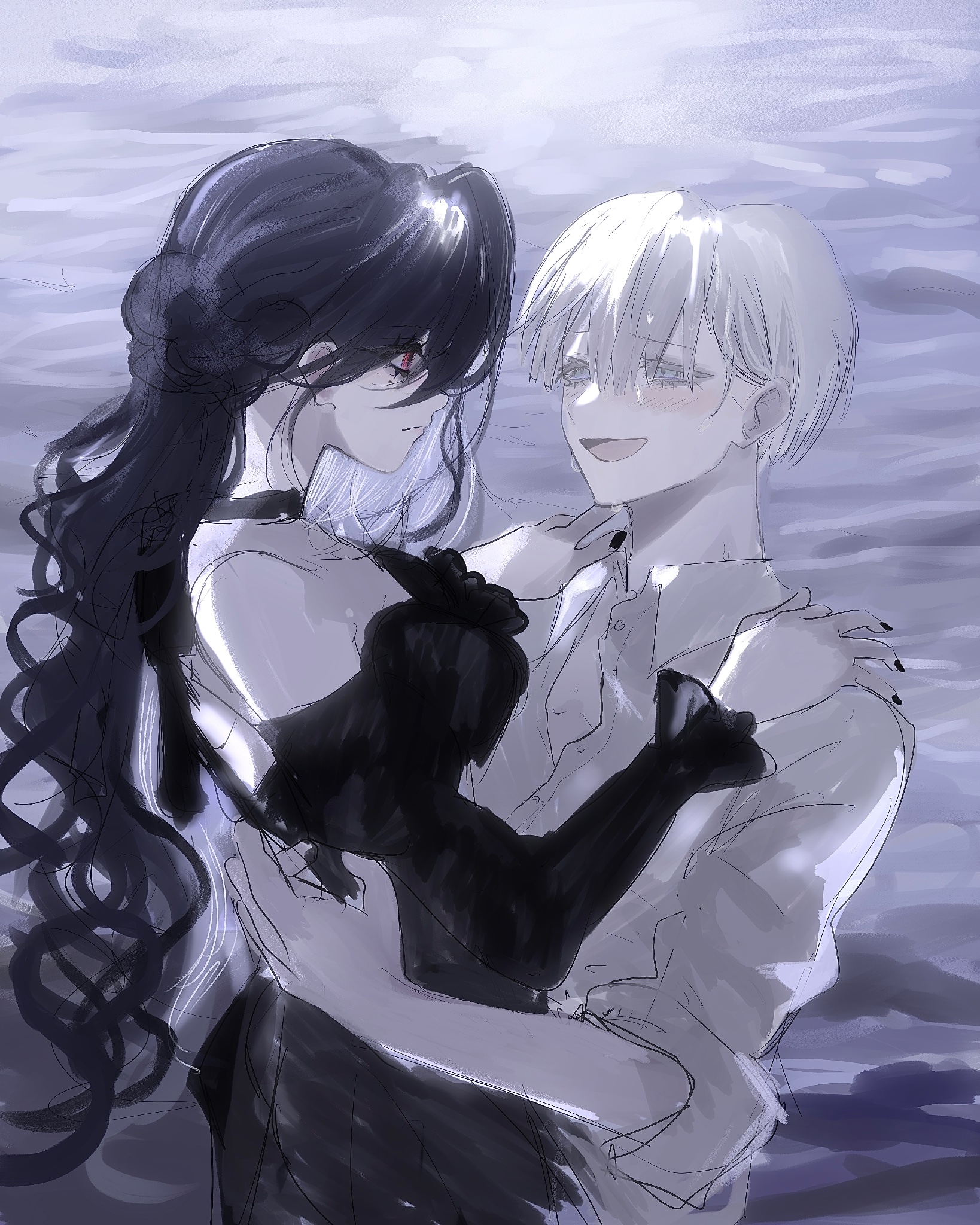 akai ringo (eveyuno), original, highres, 1boy, 1girl, black dress, choker, dress, long hair, looking at another, necktie, short hair, very long hair, white hair