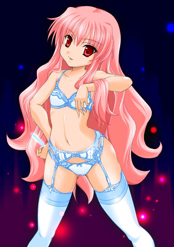maho (yakimorokoshi), louise francoise le blanc de la valliere, zero no tsukaima, 00s, 1girl, bra, female focus, garter belt, lingerie, panties, pink hair, red eyes, solo, suspenders, thighhighs, underwear, underwear only