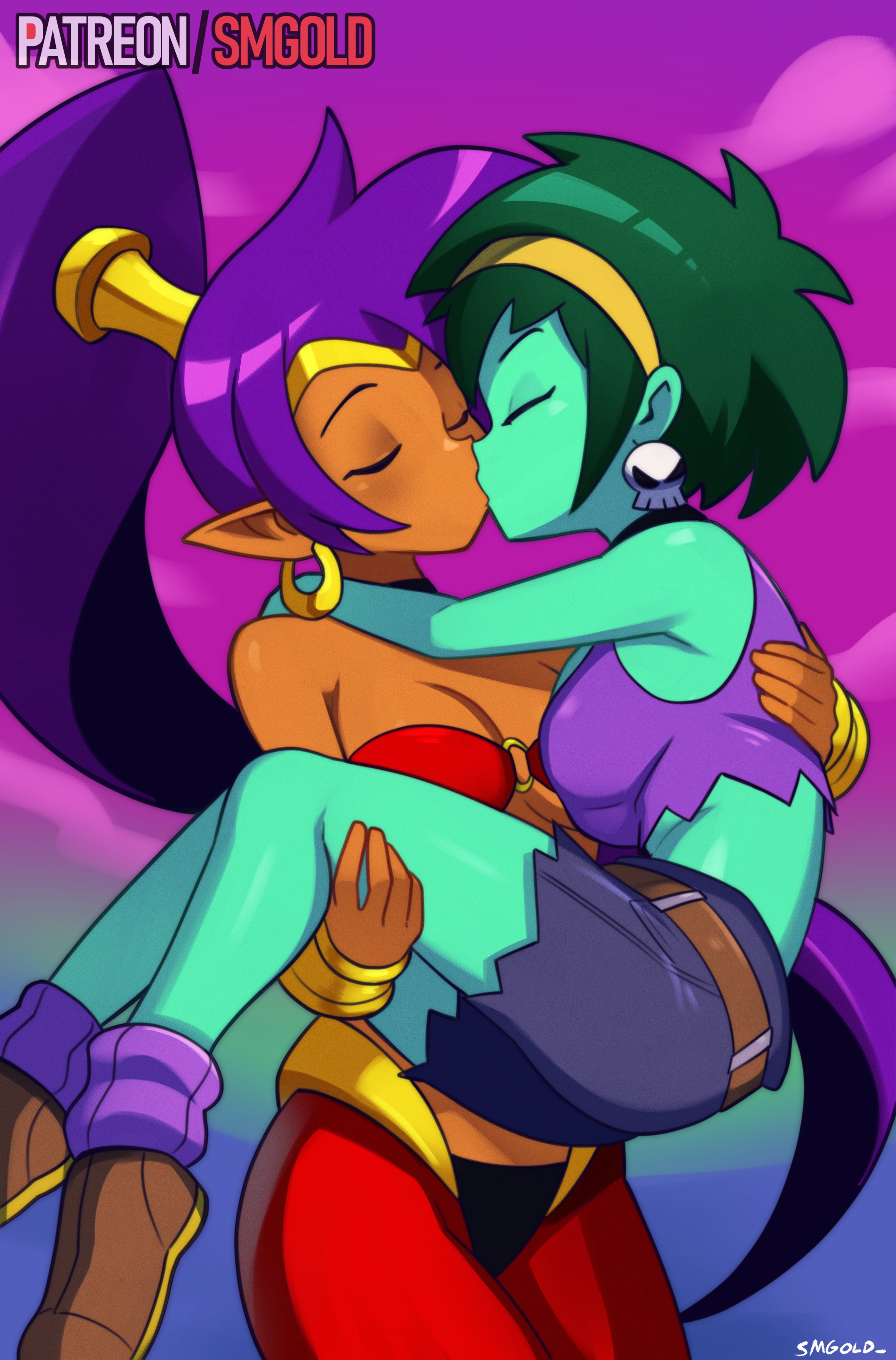 smgold, rottytops, shantae, shantae (series), absurdres, highres, 2girls, breasts, carrying, crop top, dark-skinned female, dark skin, earrings, green hair, hairband, harem pants, hoop earrings, jewelry, kiss, multiple girls, o-ring, o-ring top, pants, pointy ears, princess carry, short shorts, shorts, skull earrings, tank top, yellow hairband, yuri