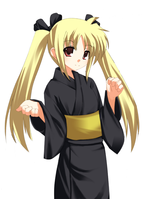 odaya, odayan, fate testarossa, lyrical nanoha, mahou shoujo lyrical nanoha, 00s, 1girl, blonde hair, female focus, japanese clothes, kimono, solo, twintails, yukata