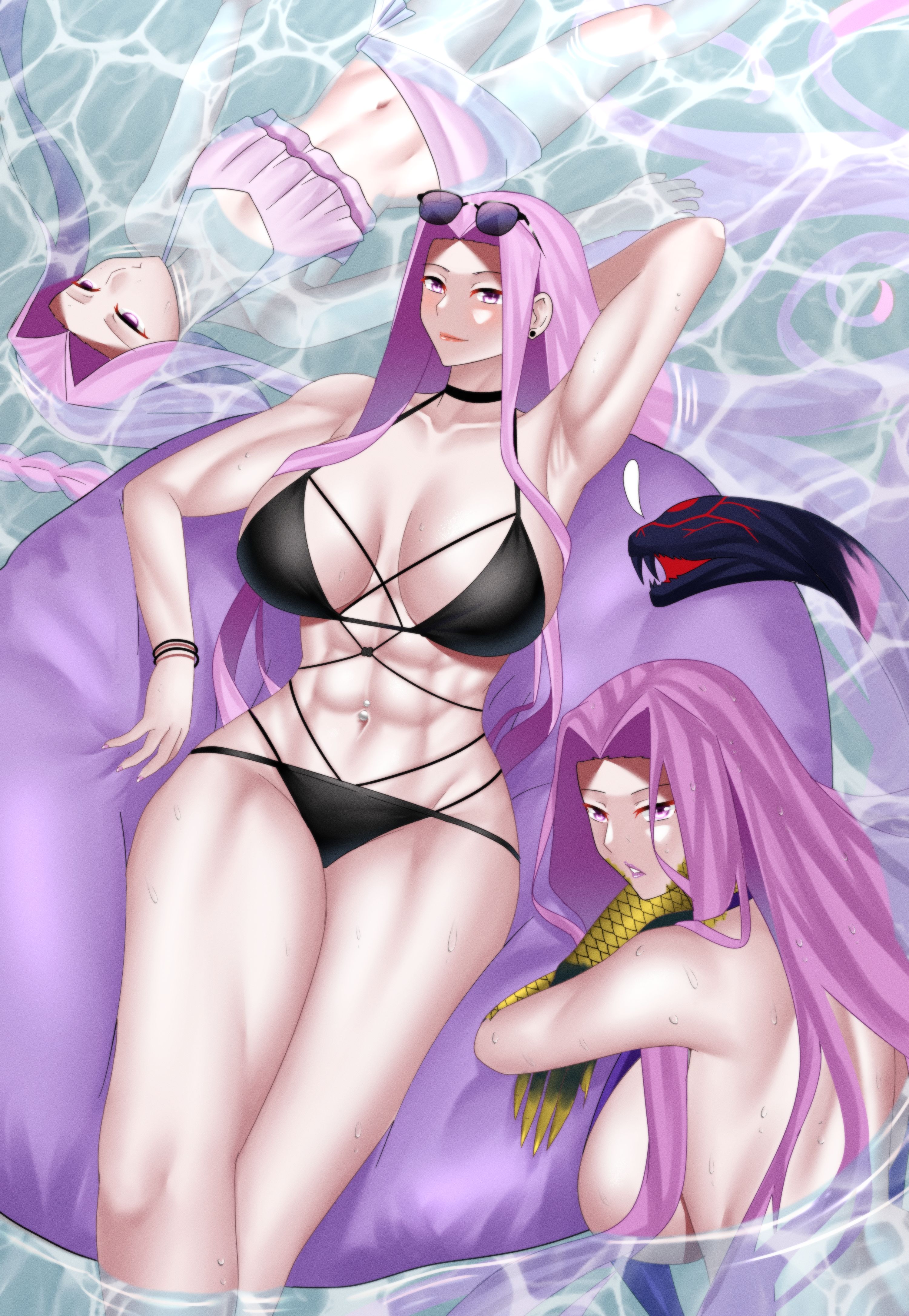 zinfian, gorgon (fate), medusa (fate), medusa (lancer) (fate), medusa (rider) (fate), rider, fate/grand order, fate (series), absurdres, commentary, english commentary, highres, 3girls, abs, alternate breast size (larger), armpits, bare shoulders, bikini, black bikini, breasts, eyewear on head, large breasts, long hair, looking at viewer, multiple girls, multiple persona, muscular, muscular female, navel, parted lips, pink bikini, pink eyes, pink hair, smile, snake hair, sunglasses, swimming, swimsuit, water, wet, wet hair