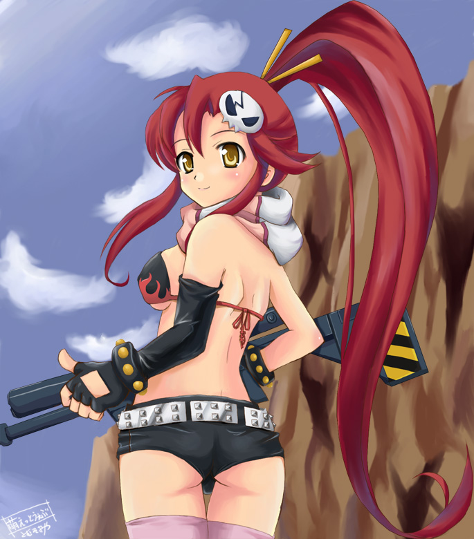 tomusooya, yoko littner, tengen toppa gurren lagann, 00s, 1girl, anti-materiel rifle, bikini, bikini top only, day, female focus, gun, micro shorts, pink thighhighs, rifle, shorts, sniper rifle, solo, swimsuit, thighhighs, weapon
