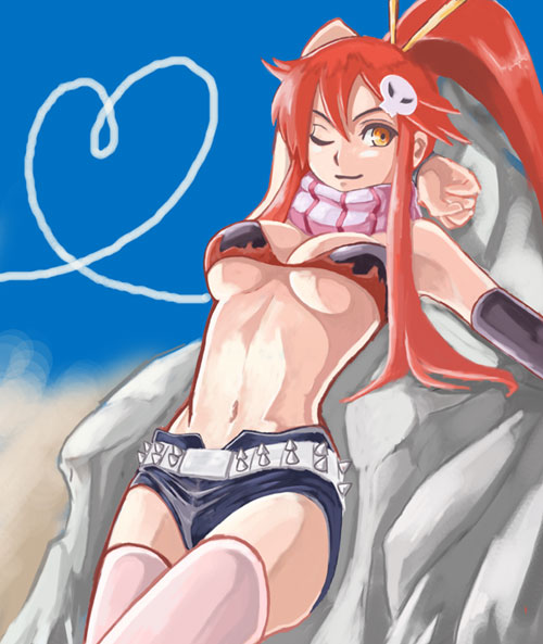 komusou (komusou1), yoko littner, tengen toppa gurren lagann, 00s, 1girl, ;), arm behind head, belt, bikini, bikini top only, black gloves, black shorts, breasts, closed mouth, contrail, day, female focus, flame print, gloves, hair between eyes, hair ornament, hair stick, large breasts, leaning, leaning back, long hair, looking at viewer, midriff, navel, one eye closed, outstretched arm, pink thighhighs, ponytail, red hair, scarf, shorts, single glove, skull hair ornament, sky, smile, solo, stomach, swimsuit, thighhighs, underboob, yellow eyes