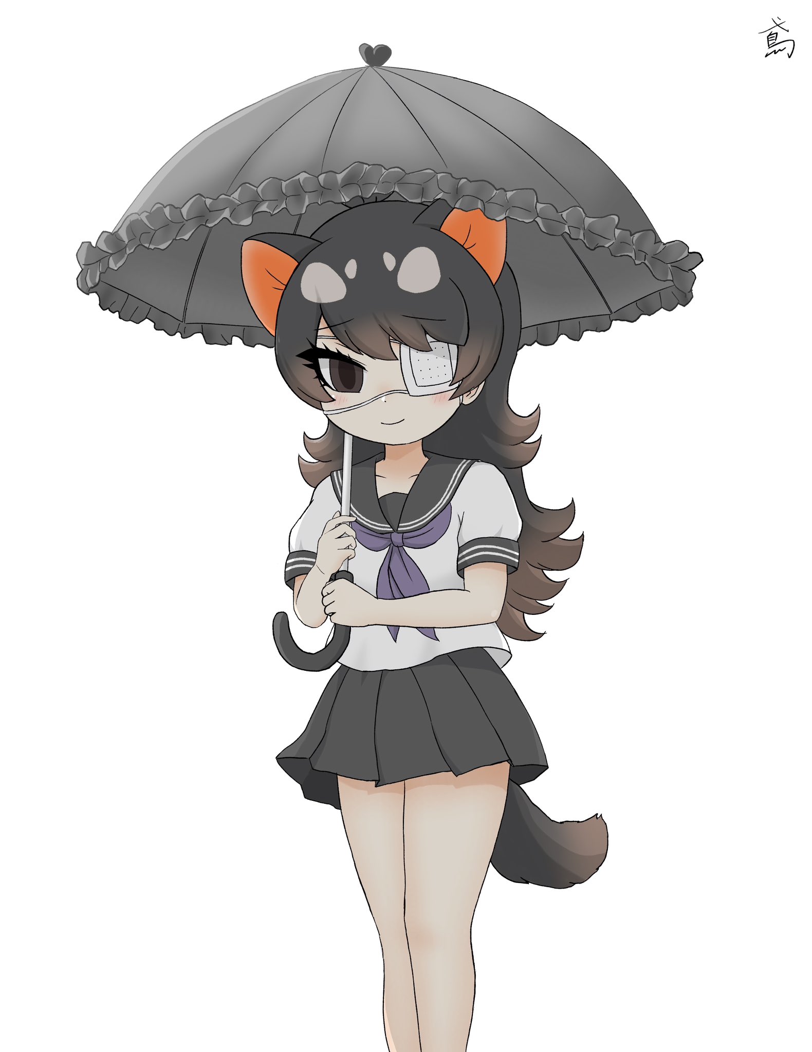 tobinosuke12, australian devil (kemono friends), kemono friends, highres, 1girl, alternate costume, black hair, black skirt, black trim, blush, brown eyes, brown hair, cowboy shot, eyepatch, hair between eyes, holding, holding umbrella, long hair, looking at viewer, medical eyepatch, multicolored hair, necktie, parasol, pleated skirt, purple necktie, sailor collar, school uniform, serafuku, shirt, short sleeves, sidelocks, skirt, smile, solo, t-shirt, tasmanian devil ears, tasmanian devil tail, umbrella, white shirt