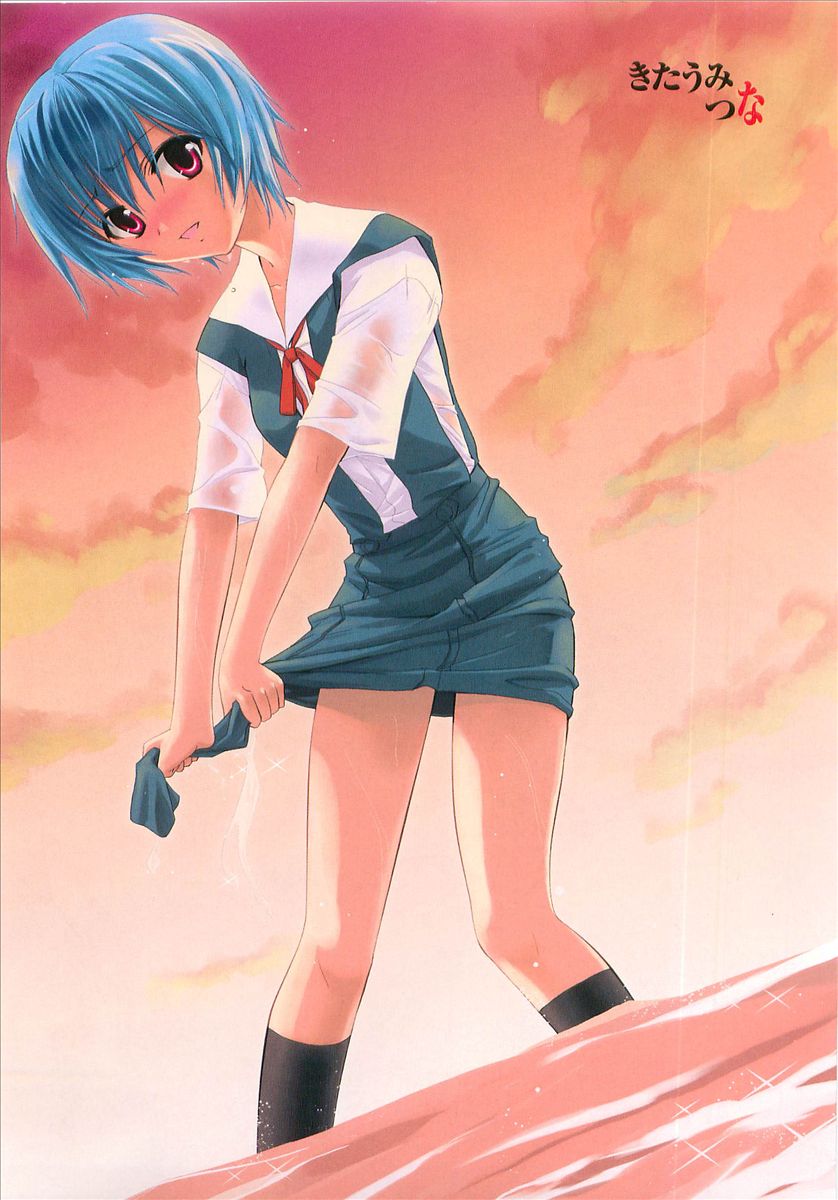 ayanami rei, neon genesis evangelion, highres, 1girl, female focus, ocean, school uniform, short hair, smile, solo