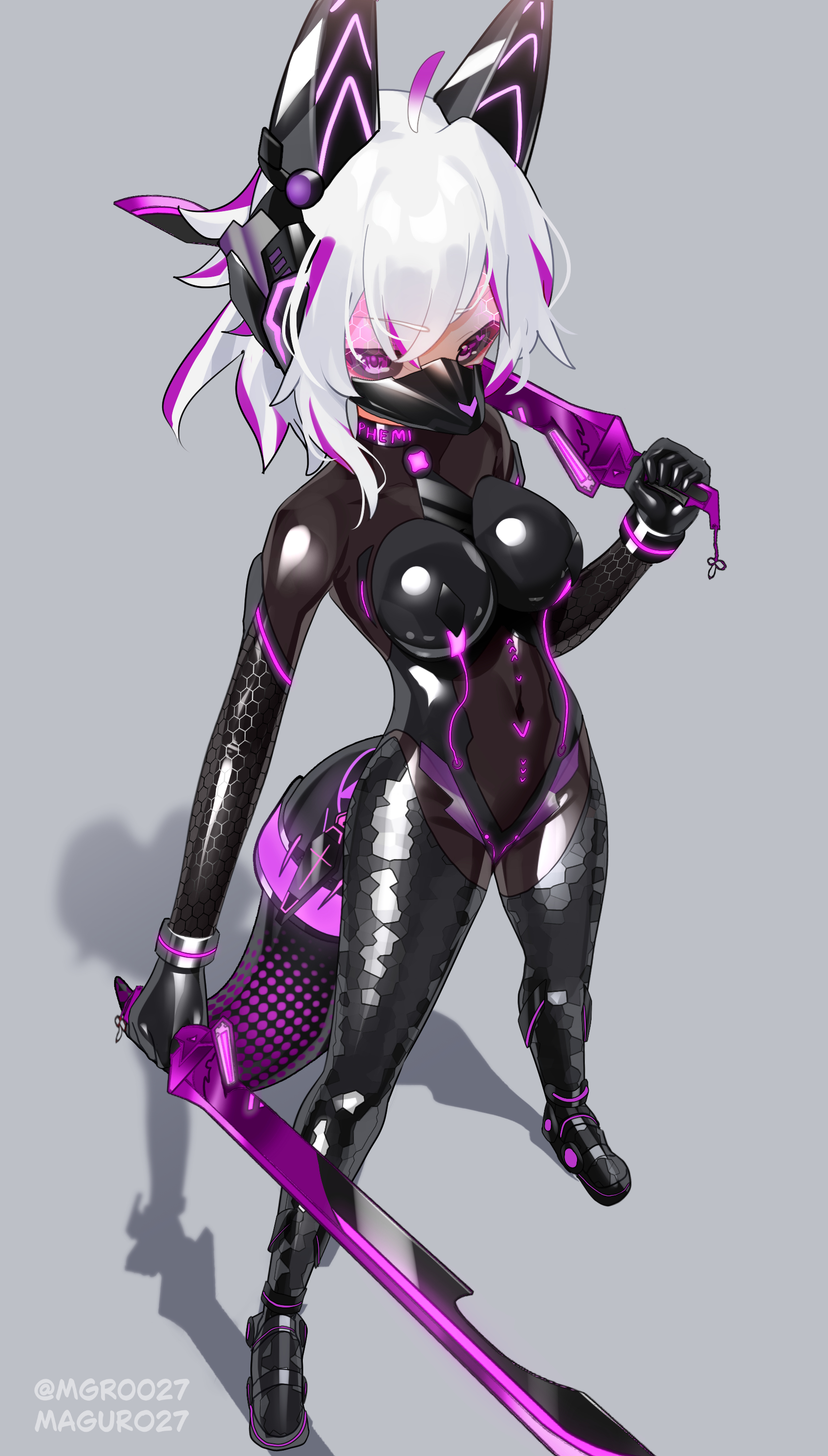 maguro27, original, absurdres, commission, highres, variant set, 1girl, ahoge, animal ears, assault visor, black bodysuit, black sclera, bodysuit, breasts, colored sclera, dual wielding, full body, grey background, holding, holding sword, holding weapon, latex, latex bodysuit, looking at viewer, mask, medium breasts, mouth mask, multicolored hair, neon trim, over shoulder, red hair, shadow, shiny clothes, skin tight, solo, standing, streaked hair, sword, tail, two-tone hair, weapon, weapon over shoulder, white hair, yellow eyes