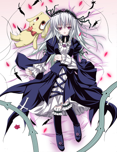 sen (astronomy), kunkun, suigintou, rozen maiden, silver hair, 00s, 1girl, bed sheet, boots, cross, cross moline, detached collar, dress, feathers, female focus, flower, frilled sleeves, frills, from above, full body, gothic lolita, hairband, inverted cross, latin cross, lolita fashion, lolita hairband, long hair, long sleeves, looking at viewer, lying, parted lips, petals, red eyes, rose, solo