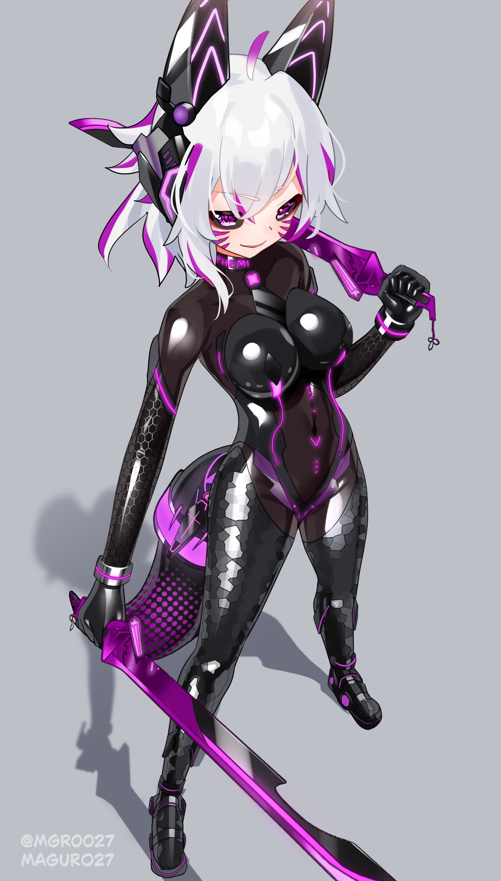 maguro27, original, absurdres, commission, highres, variant set, 1girl, ahoge, animal ears, black bodysuit, black sclera, bodysuit, breasts, colored sclera, dual wielding, facial mark, full body, grey background, holding, holding sword, holding weapon, latex, latex bodysuit, looking at viewer, medium breasts, multicolored hair, neon trim, over shoulder, red hair, shadow, shiny clothes, skin tight, solo, standing, streaked hair, sword, tail, two-tone hair, weapon, weapon over shoulder, white hair, yellow eyes