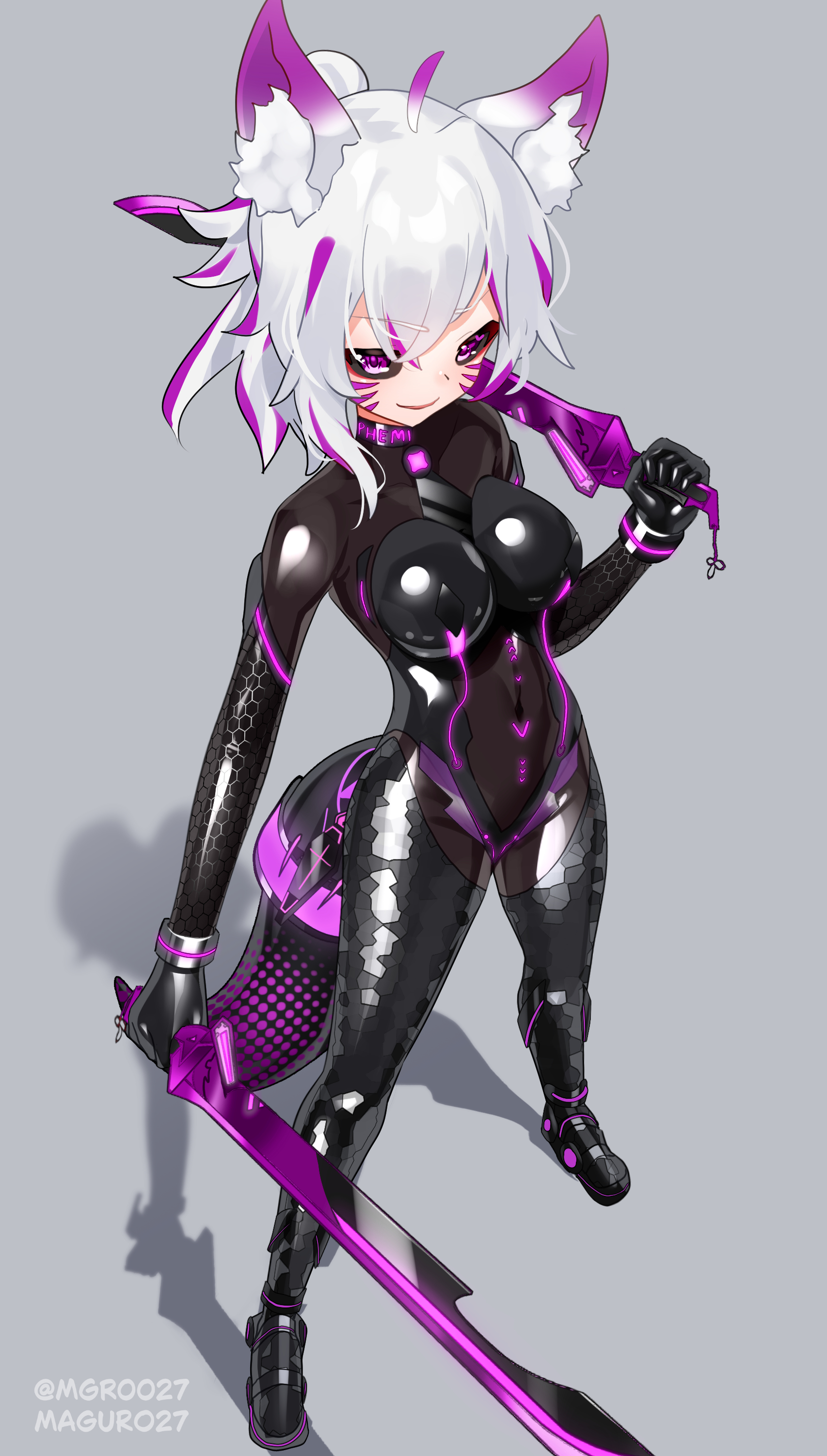 maguro27, original, absurdres, commission, highres, variant set, 1girl, ahoge, animal ear fluff, animal ears, black bodysuit, black sclera, bodysuit, breasts, colored sclera, dual wielding, full body, grey background, holding, holding sword, holding weapon, latex, latex bodysuit, looking at viewer, medium breasts, multicolored hair, neon trim, over shoulder, red hair, shadow, shiny clothes, skin tight, solo, standing, streaked hair, sword, tail, two-tone hair, weapon, weapon over shoulder, white hair, yellow eyes