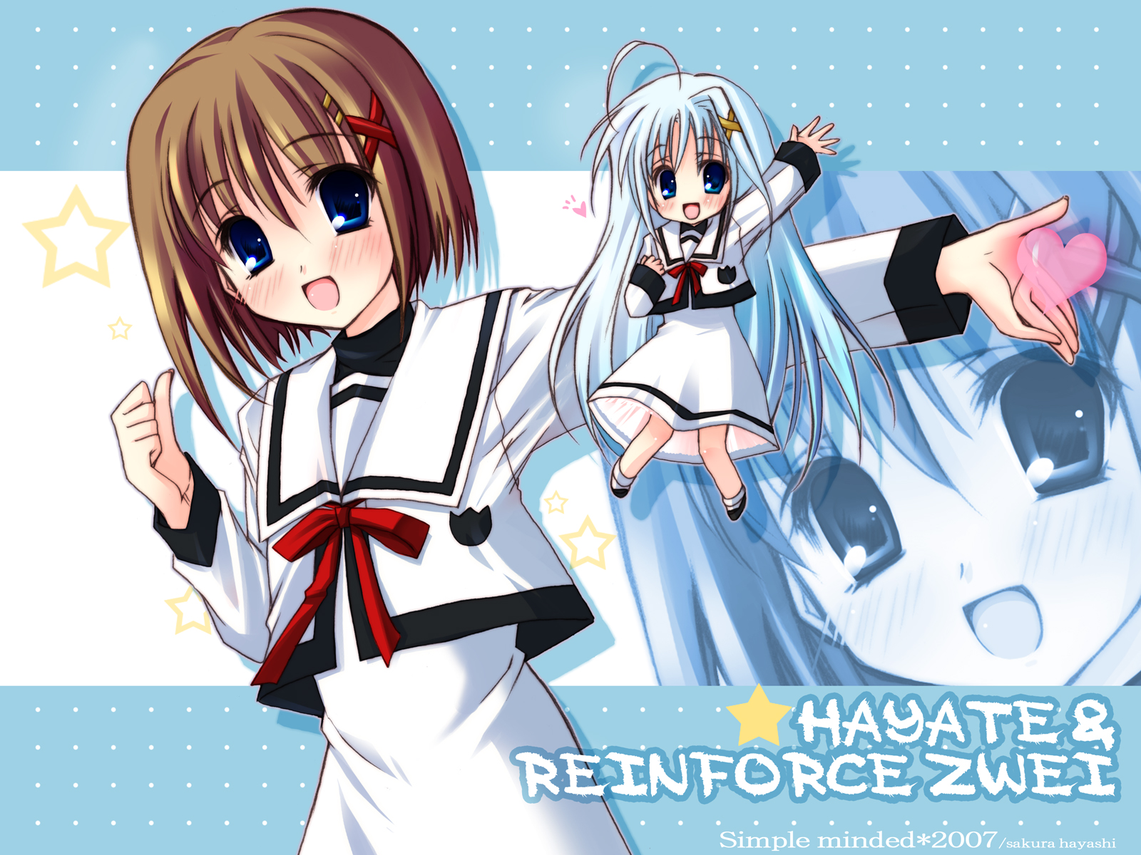 hayashi sakura, reinforce zwei, yagami hayate, lyrical nanoha, mahou shoujo lyrical nanoha, mahou shoujo lyrical nanoha strikers, highres, 00s, 2007, 2girls, ahoge, blue hair, character name, hair ornament, happy, heart, mini person, minigirl, multiple girls, school uniform, serafuku, x hair ornament
