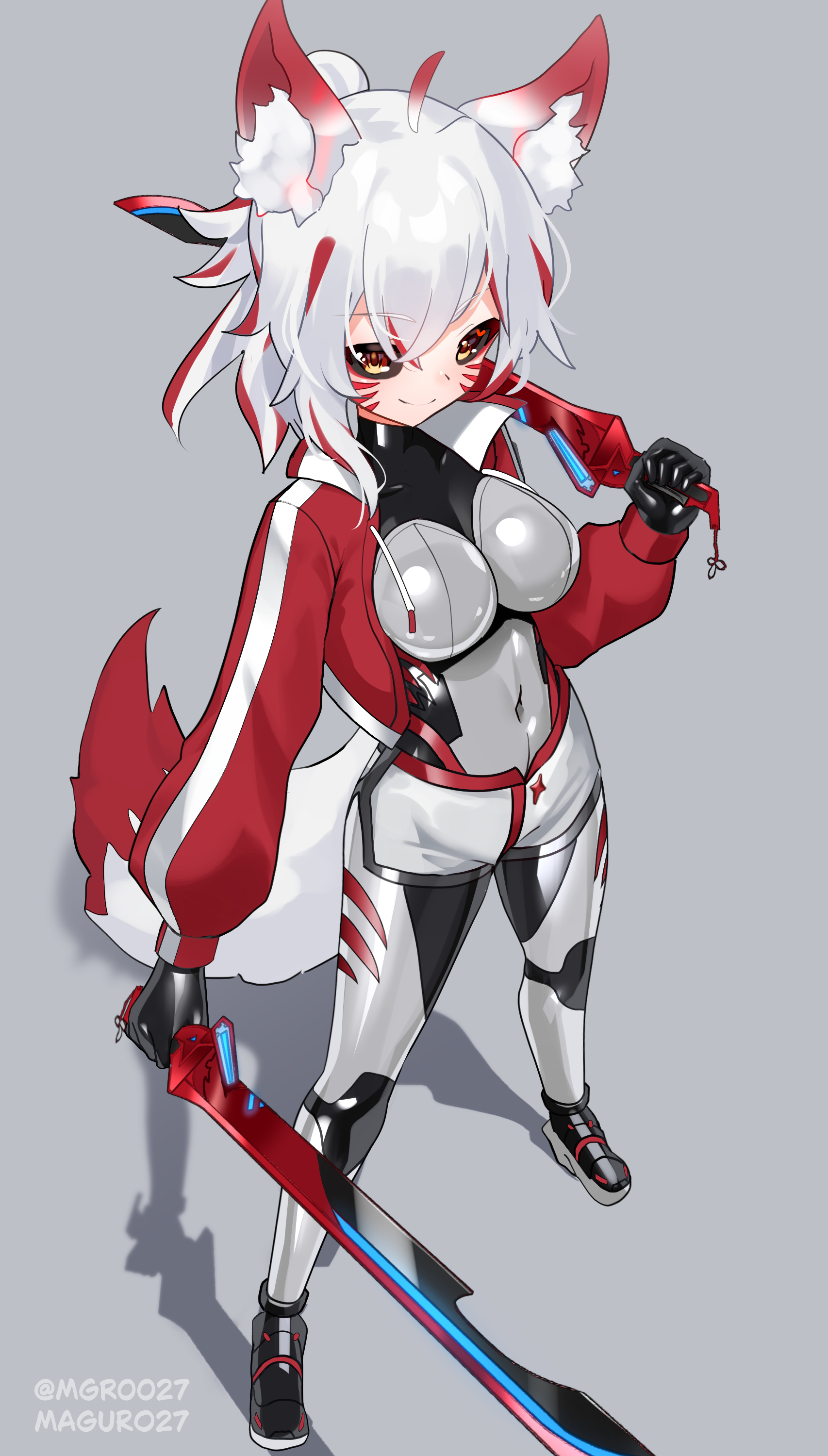 maguro27, original, absurdres, commission, highres, variant set, 1girl, ahoge, animal ears, black bodysuit, black sclera, bodysuit, bodysuit under clothes, breasts, colored sclera, covered navel, cropped jacket, dual wielding, full body, grey background, grey bodysuit, holding, holding sword, holding weapon, jacket, latex, latex bodysuit, looking at viewer, medium breasts, multicolored bodysuit, multicolored hair, over shoulder, red hair, red jacket, shadow, shorts, skin tight, solo, standing, streaked hair, sword, tail, two-tone hair, weapon, weapon over shoulder, white hair, yellow eyes