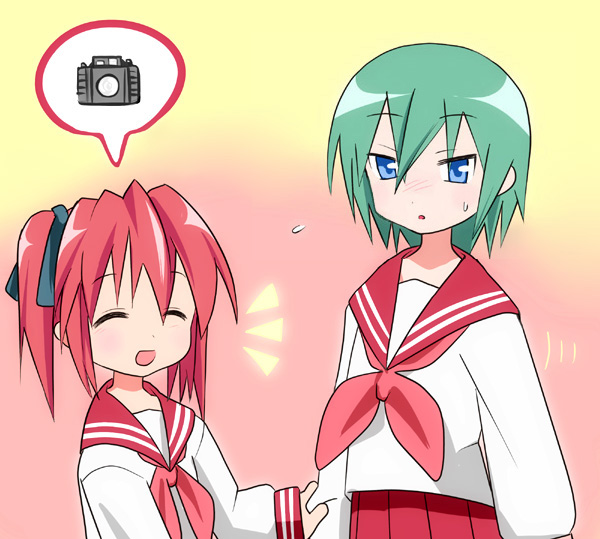 nazo kichi, iwasaki minami, kobayakawa yutaka, lucky star, 00s, 2girls, :d, ^ ^, blue eyes, blush, closed eyes, green hair, long sleeves, multiple girls, neckerchief, open mouth, pink neckerchief, pleated skirt, red hair, red skirt, sailor collar, school uniform, serafuku, shirt, shoes, skirt, smile, spoken object, sweatdrop, talking, white shirt