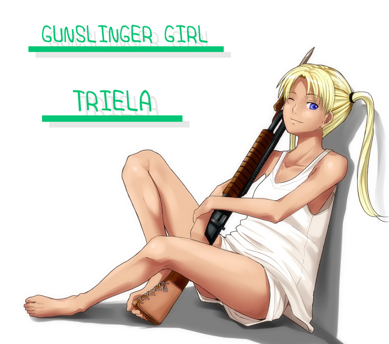 nazo kichi, triela, gunslinger girl, 00s, 1girl, aged up, barefoot, blonde hair, dark-skinned female, dark skin, feet, female focus, gun, one eye closed, pump action, shorts, shotgun, solo, weapon, winchester model 1897, wink