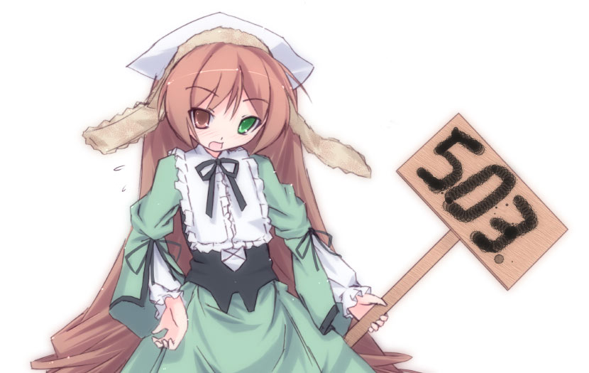 kuroba u, suiseiseki, rozen maiden, 00s, 1girl, brown hair, dress, drill hair, female focus, frills, green dress, green eyes, hat, headscarf, heterochromia, lolita fashion, long hair, long sleeves, red eyes, ribbon, solo, twin drills, twintails, very long hair, white background, white headscarf