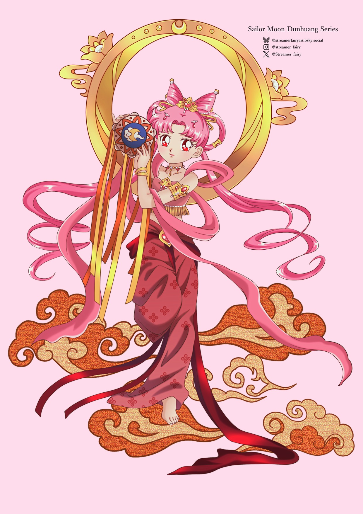 koya, chibi usa, bishoujo senshi sailor moon, highres, armlet, barefoot, bracelet, crescent, jewelry, long hair, necklace, orb, pants, parted bangs, pink hair, red eyes, red pants, smile, twintails