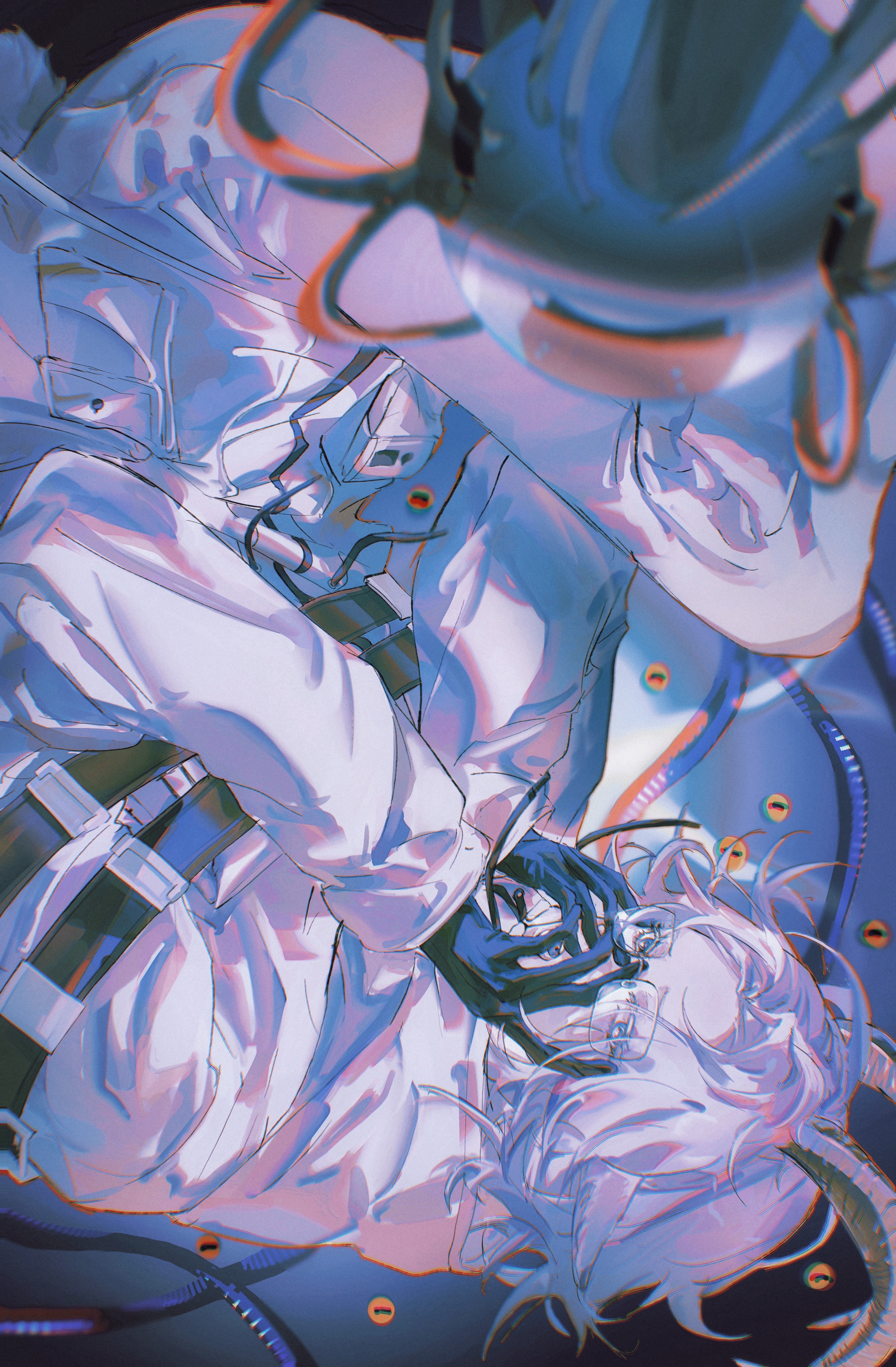 aotsuki eito, the hundred line -last defense academy-, absurdres, chinese commentary, commentary, commentary request, english commentary, highres, mixed-language commentary, 1boy, black background, black gloves, blue eyes, blurry, blurry foreground, bound, bound torso, cable, drawstring, eating, eyeball, glasses, gloves, goat boy, goat horns, grey hair, hands on own face, horns, jacket, looking at viewer, machine, male focus, pants, pocket, sakrabbit, short hair, solo, upside-down, white jacket, white pants