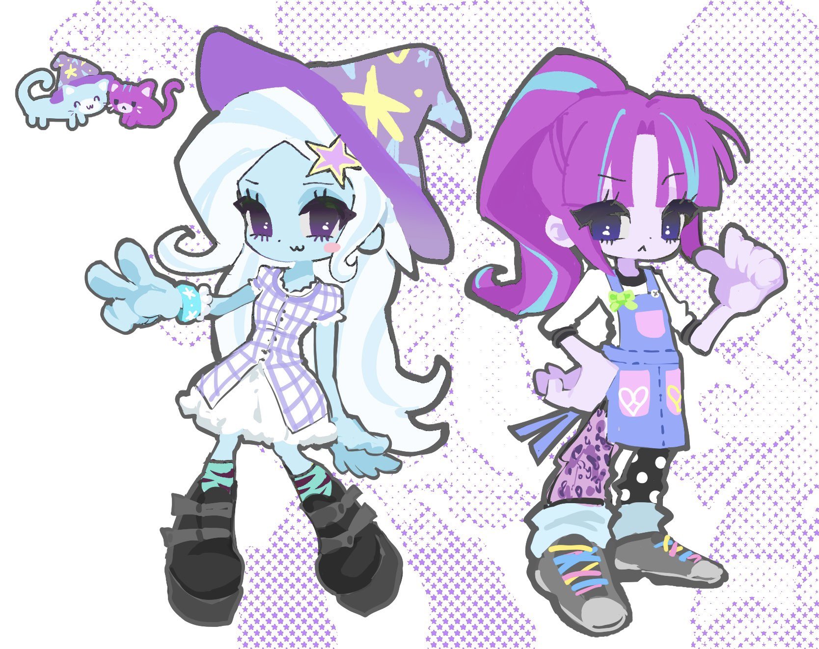 starlight glimmer, starlight glimmer (equestria girls), trixie lulamoon, trixie lulamoon (equestria girls), my little pony, my little pony: equestria girls, my little pony: friendship is magic, highres, 2girls, :<, :3, animal, animalization, anklet, apron, arm at side, back-to-back, black boots, black socks, blue apron, blue eyes, blue hair, blue skin, blunt bangs, blush stickers, boots, bracelet, breasts, buttons, cat, colored skin, curly hair, deformed, denim, denim apron, flat chest, frilled skirt, frills, full body, green socks, grey shoes, hair ornament, halftone, halftone background, hand on own hip, hat, high ponytail, jewelry, kneehighs, legs apart, long hair, looking at viewer, medium skirt, multicolored hair, multiple girls, person and animalization, plaid clothes, plaid shirt, platform boots, pointing, pointing at self, pointing with thumb, ponytail, puffy short sleeves, puffy sleeves, purple eyes, purple hair, purple hat, purple shirt, purple skin, raised eyebrow, recursive animalization, shirt, shoelaces, shoes, short sleeves, simple background, single blush sticker, skirt, small breasts, socks, standing, star (symbol), star hair ornament, star print, streaked hair, tgyten, three-quarter sleeves, two-tone hair, two-tone shirt, two-tone socks, v, very long hair, white background, white hair, white shirt, white skirt, wizard hat, zoom layer