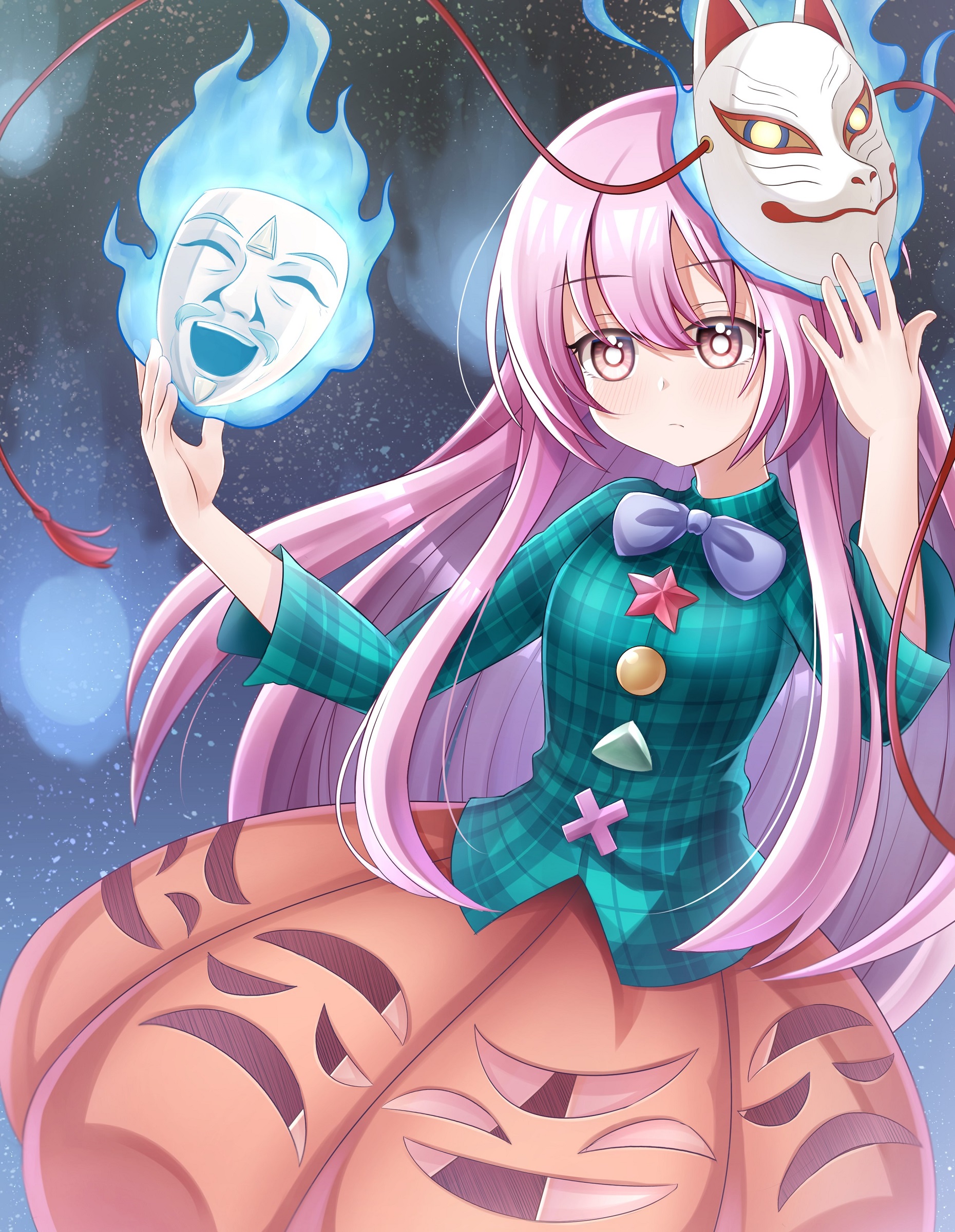 minto yupo, hata no kokoro, touhou, absurdres, commentary request, highres, 1girl, aqua shirt, blue fire, bow, bowtie, breasts, bubble skirt, closed mouth, collared shirt, fire, fox mask, light blush, long hair, long sleeves, mask, mask on head, noh mask, okina mask, orange skirt, pink eyes, pink hair, plaid clothes, plaid shirt, purple bow, purple bowtie, shirt, skirt, skirt cutout, solo, very long hair
