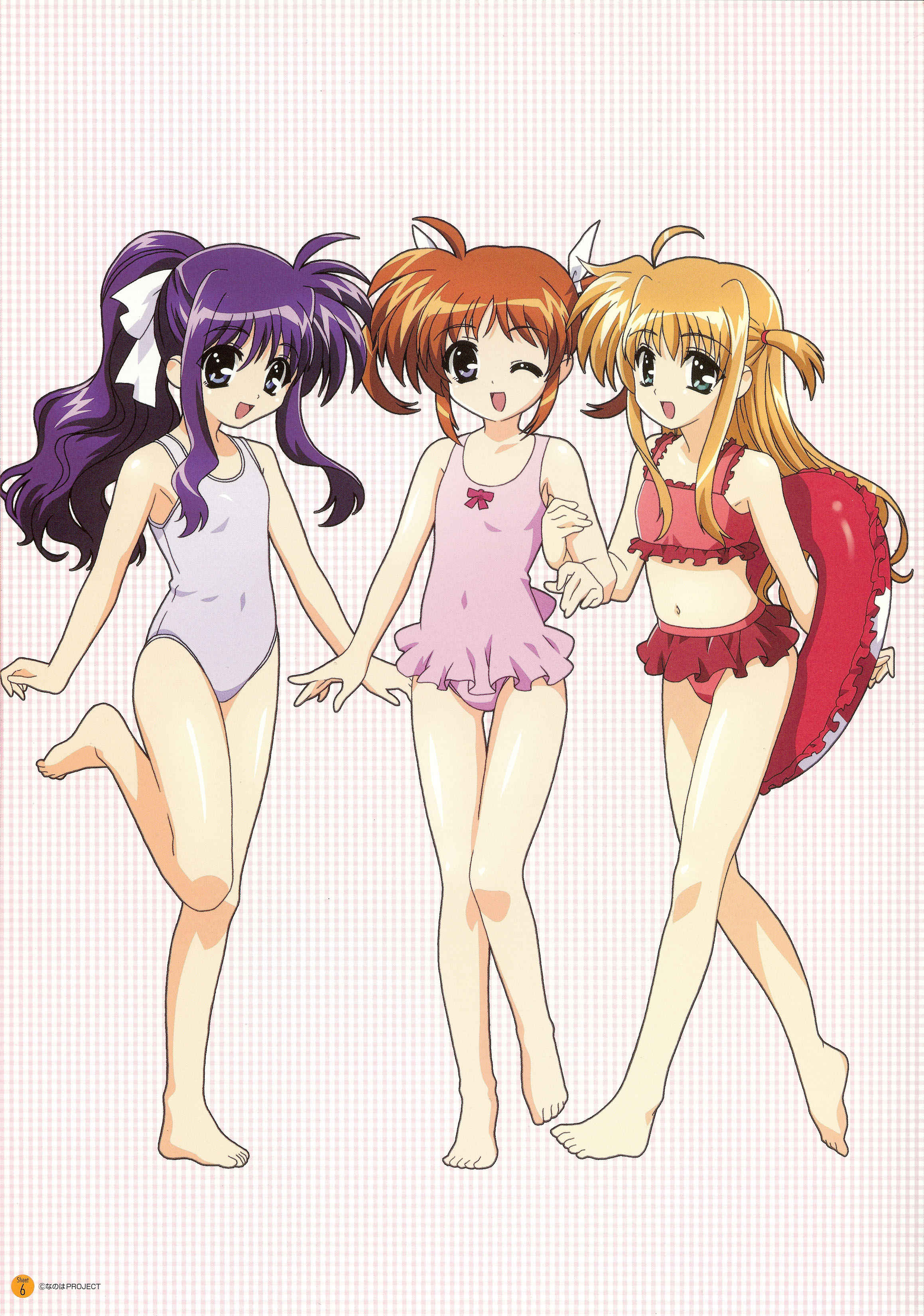 okuda yasuhiro, arisa bunnings, takamachi nanoha, tsukimura suzuka, lyrical nanoha, mahou shoujo lyrical nanoha, absurdres, highres, scan, 00s, 3girls, barefoot, bikini, blonde hair, blue eyes, blue hair, brown hair, green eyes, innertube, multiple girls, one eye closed, ponytail, purple eyes, swim ring, swimsuit, twintails, wink