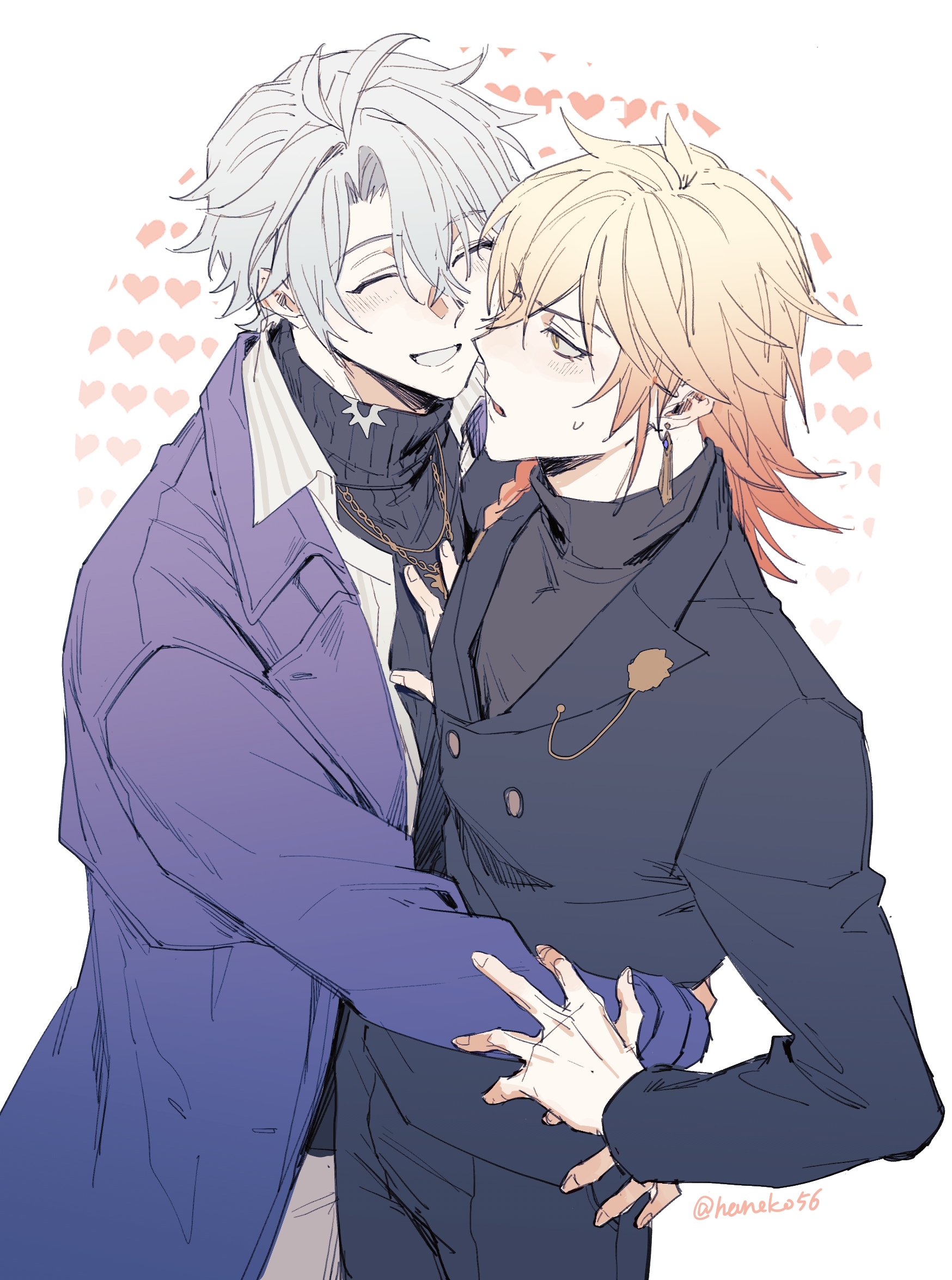 akabane yu, mydei (delicacies) (honkai: star rail), mydei (honkai: star rail), phainon (honkai: star rail), honkai: star rail, honkai (series), chinese commentary, commentary request, highres, 2boys, antenna hair, black coat, black pants, black sweater, blonde hair, blush, braid, buttons, closed eyes, coat, earrings, gold earrings, gradient hair, hair between eyes, hug, jewelry, male focus, medium hair, multicolored hair, multiple boys, official alternate costume, pants, parted bangs, phainon (luckin coffee) (honkai: star rail), purple coat, red hair, short hair, side braid, simple background, sweatdrop, sweater, turtleneck, turtleneck sweater, white background, white hair, yaoi, yellow eyes