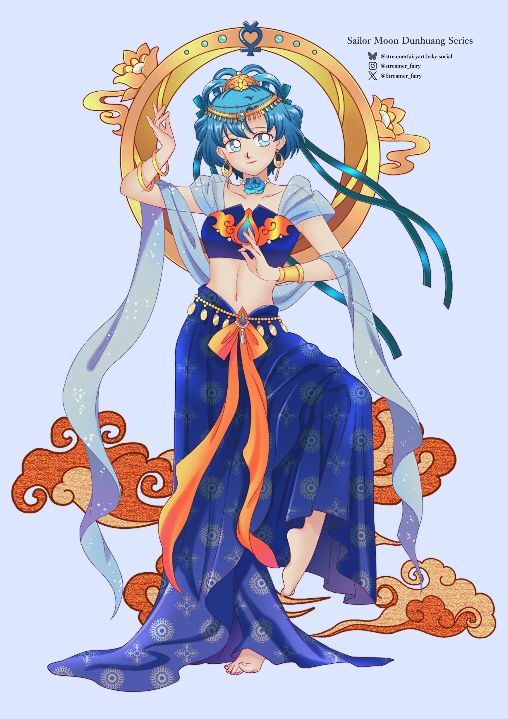 koya, mizuno ami, sailor mercury, bishoujo senshi sailor moon, absurdres, highres, alternate costume, barefoot, belly chain, blue hair, blue skirt, bracelet, circlet, jewelry, long skirt, mercury symbol, midriff, navel, parted bangs, short hair, skirt