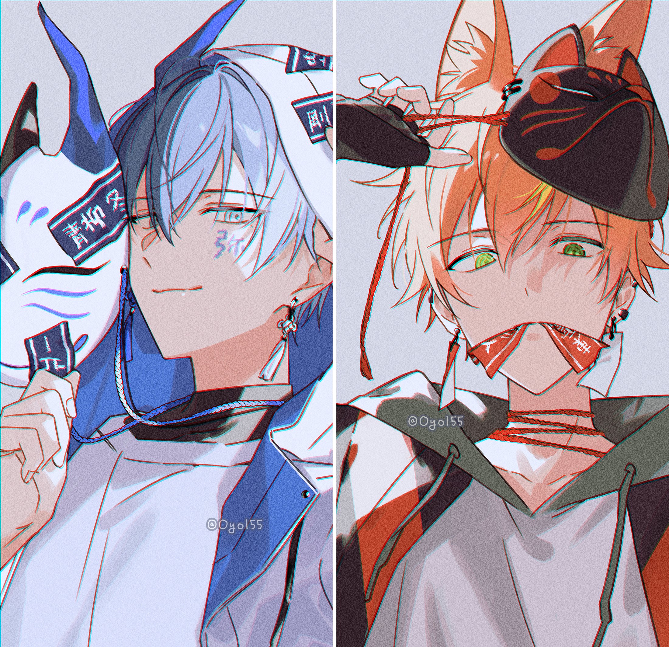 oyol55, aoyagi touya, shinonome akito, project sekai, hashtag-only commentary, highres, 2boys, animal ear fluff, animal ears, black gloves, blonde hair, blue eyes, blue hair, closed mouth, drawstring, ear piercing, earrings, extra ears, fingerless gloves, fingernails, gloves, green eyes, hand up, holding, holding mask, hood, hood up, hooded jacket, jacket, jewelry, looking at viewer, male focus, mask, mask on head, mole, mole under eye, multicolored hair, multiple boys, orange hair, piercing, split-color hair, twitter username, two-tone hair, upper body