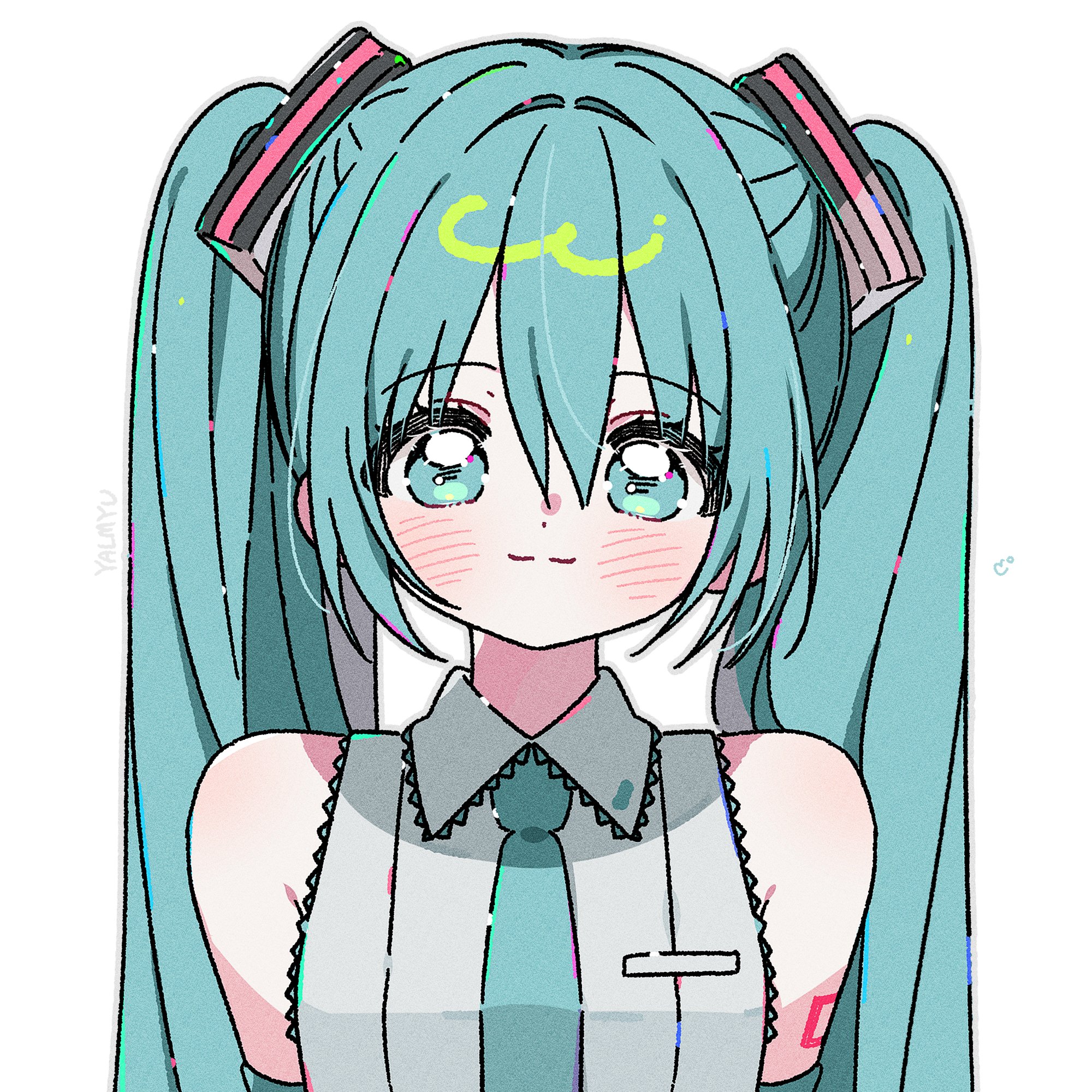 yalmyu, hatsune miku, vocaloid, commentary, highres, symbol-only commentary, 1girl, artist name, bare shoulders, blue eyes, blue hair, blue necktie, blush, closed mouth, collared shirt, grey outline, grey shirt, hair between eyes, long hair, looking at viewer, necktie, number tattoo, outline, portrait, shirt, shoulder tattoo, simple background, sleeveless, sleeveless shirt, smile, solo, tattoo, twintails, white background