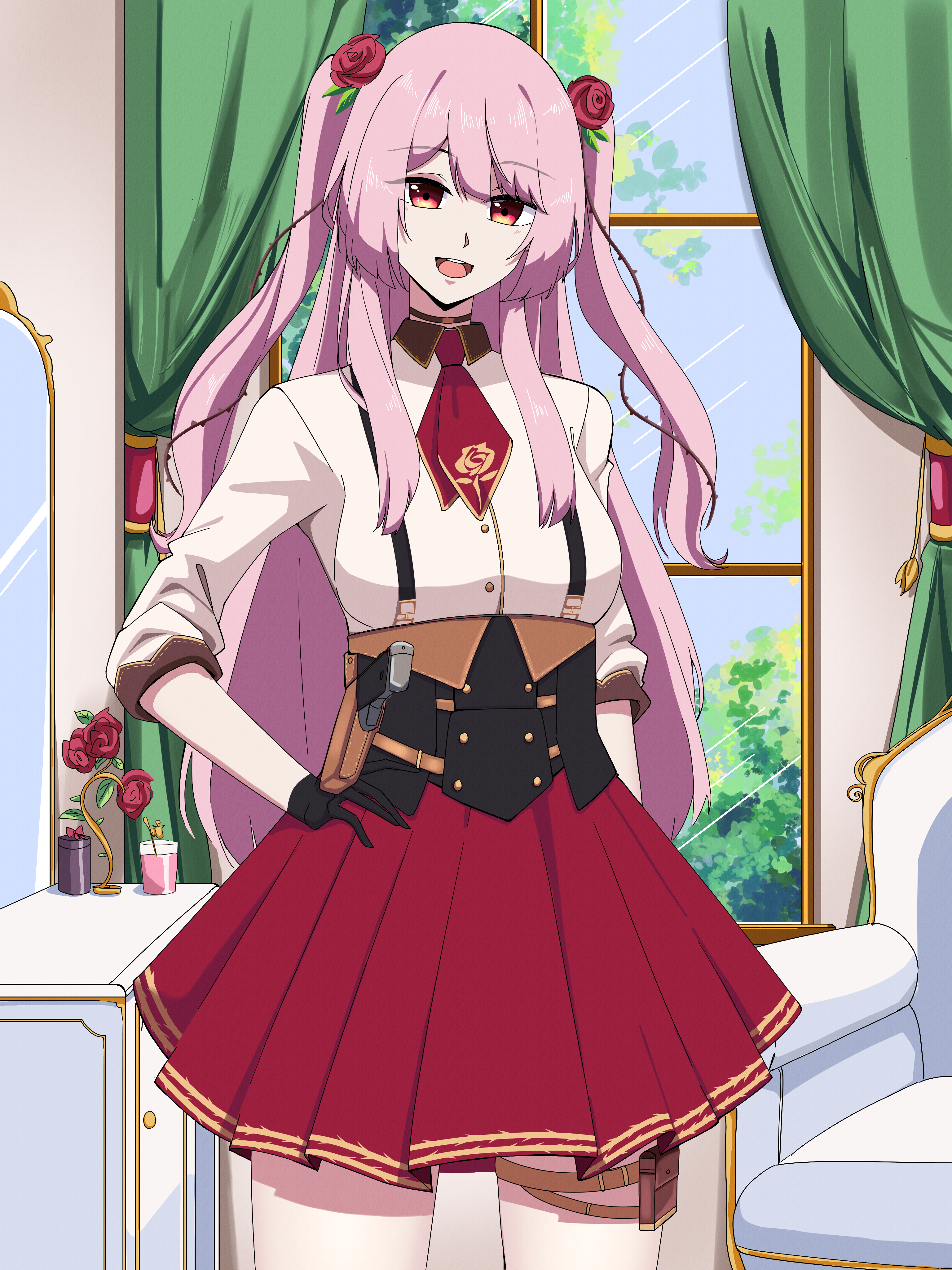 rosemi lovelock, rosemi lovelock (military), nijisanji, nijisanji en, commission, highres, 1girl, armchair, breasts, chair, cupboard, curtains, dress, eyebrows hidden by hair, eyelashes, flower, gloves, gun, hair flower, hair ornament, handgun, holster, holstered, indoors, knee up, knees up, long hair, looking at viewer, nose, open mouth, pink hair, pistol, red eyes, rose, skirt, smile, solo, teeth, thorns, tongue, virtual youtuber, weapon