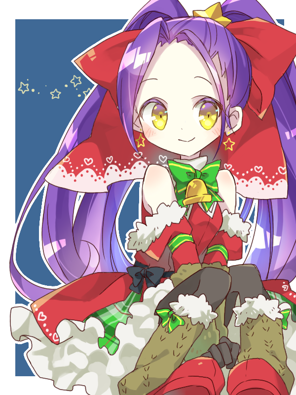 shinomaru hajime, emil chronicle online, 1girl, bell, blue background, boots, bow, breasts, brown socks, brown thighhighs, christmas, detached sleeves, dress, earrings, frilled dress, frills, green ribbon, hair bow, hair ornament, huge bow, jewelry, long hair, mokuju alma, neck bell, neck ribbon, ponytail, purple hair, red boots, red bow, red dress, red sleeves, ribbon, sleeveless, sleeveless dress, small breasts, smile, socks, solo, split ponytail, star (symbol), star earrings, star hair ornament, star symbol background, thighhighs, yellow eyes