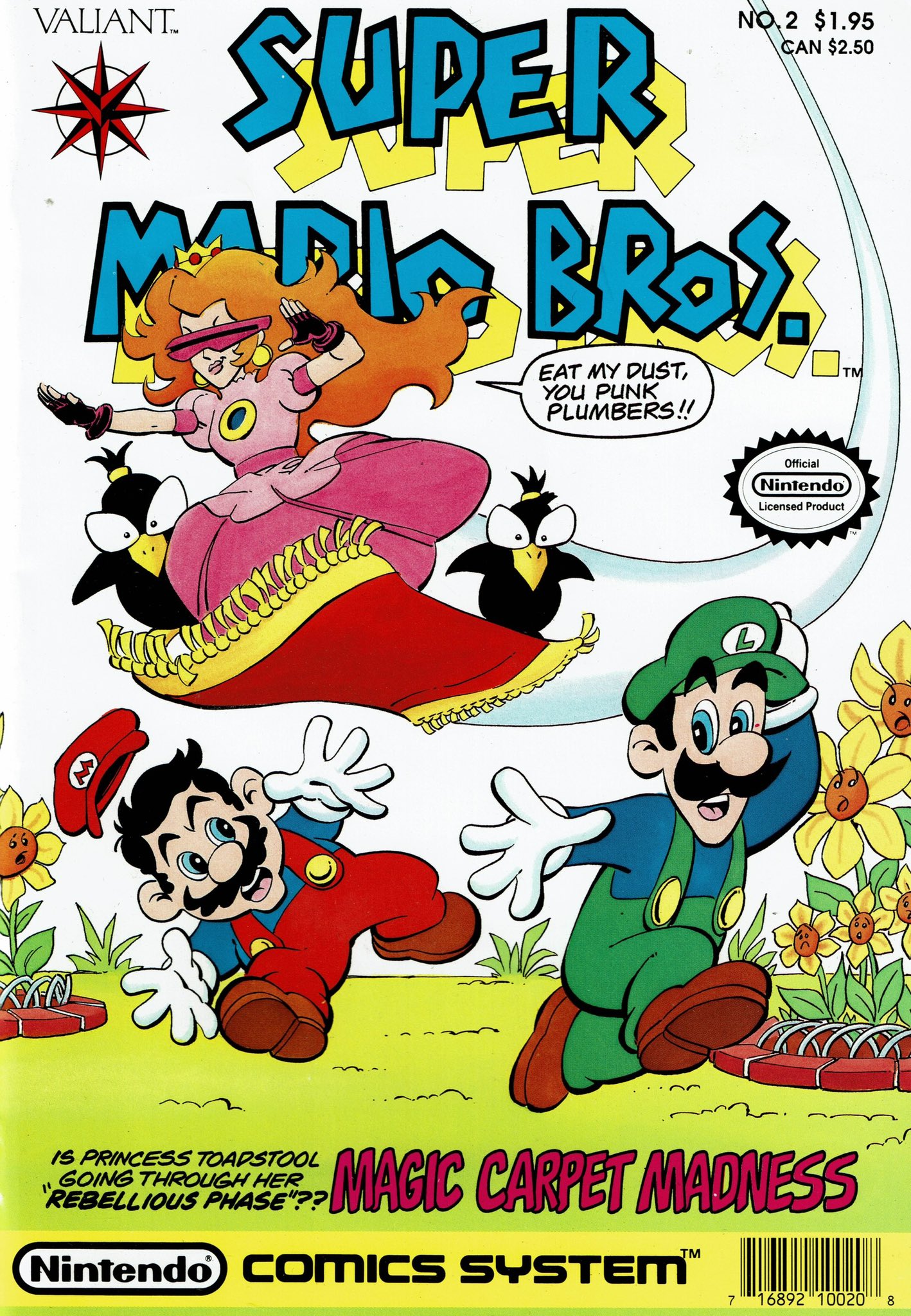 luigi, mario, princess peach, mario (series), nintendo, super mario bros. 2, official art, 1girl, 2boys, blonde hair, blue eyes, brown hair, comic, crown, dress, facial hair, gloves, magic carpet, multiple boys, mustache, overalls, pink dress, running