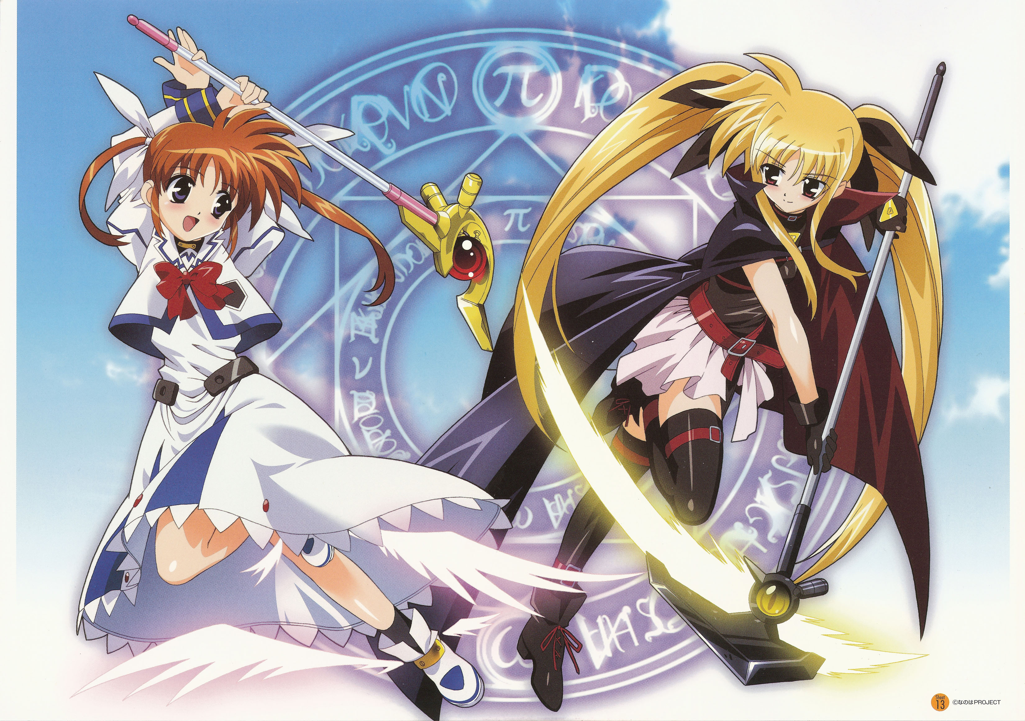 bardiche (nanoha), fate testarossa, raising heart, takamachi nanoha, lyrical nanoha, mahou shoujo lyrical nanoha, absurdres, highres, scan, 00s, magic circle, twintails