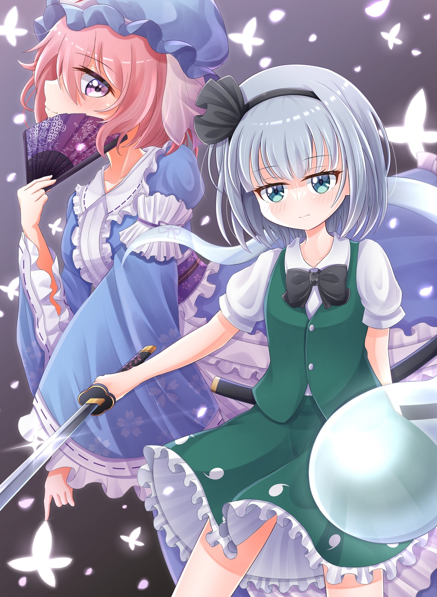 minto yupo, konpaku youmu, konpaku youmu (ghost), saigyouji yuyuko, touhou, commentary request, highres, 2girls, black bow, black bowtie, black hairband, blue eyes, blue hat, blue kimono, bow, bowtie, breasts, bug, butterfly, falling petals, frilled kimono, frilled skirt, frills, green vest, grey hair, hairband, hand fan, hat, hitodama, hitodama print, holding, holding sword, holding weapon, insect, japanese clothes, katana, kimono, long sleeves, mob cap, multiple girls, multiple swords, petal print, petals, pink eyes, pink hair, print kimono, puffy short sleeves, puffy sleeves, ribbon-trimmed sleeves, ribbon trim, sheath, sheathed, short sleeves, skirt, skirt set, sleeve garter, sword, sword on back, triangular headpiece, unsheathed, vest, weapon, weapon on back, wide sleeves