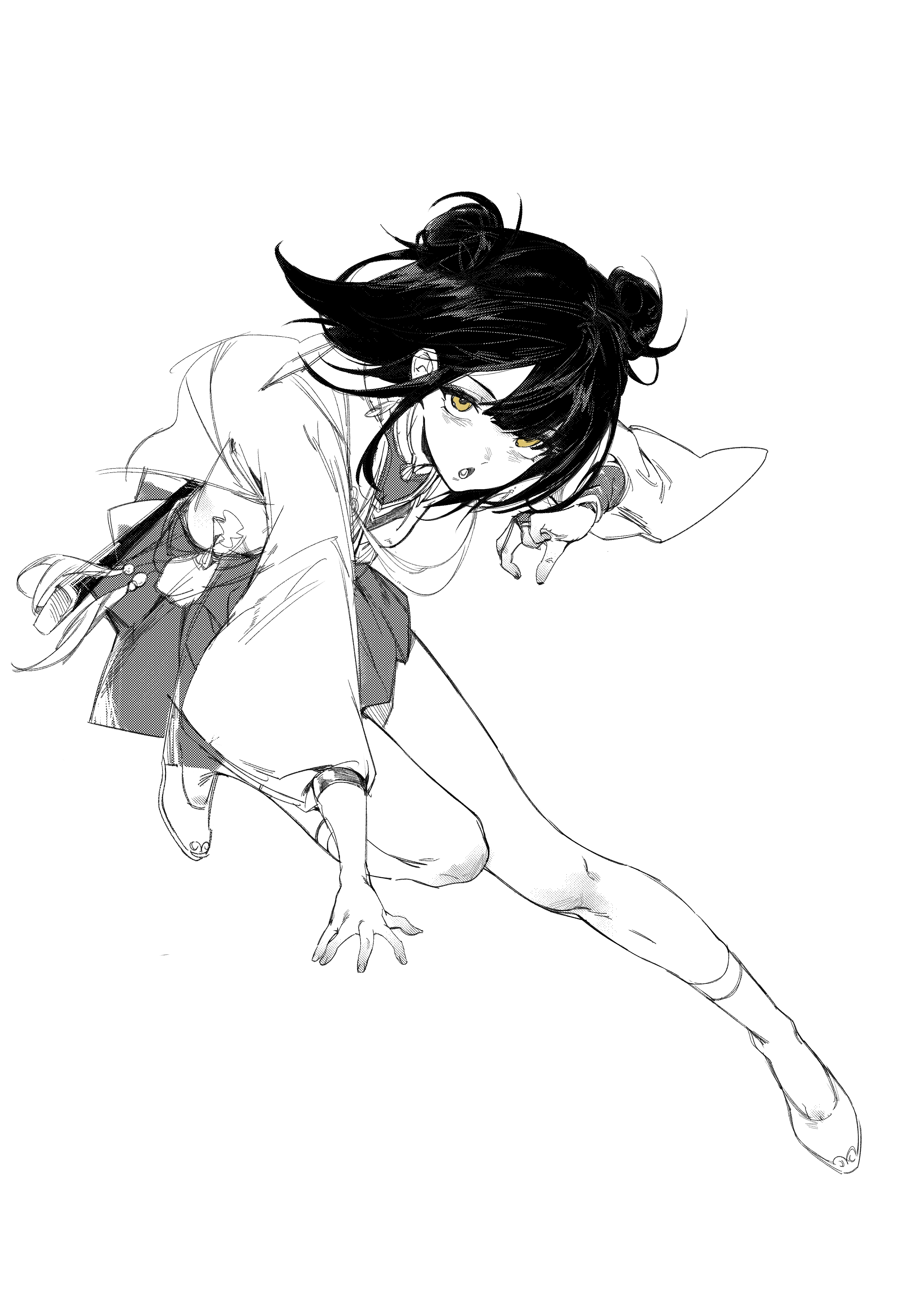 original, absurdres, commentary request, highres, 1girl, double bun, full body, greyscale, hair bun, huguanling, leg up, looking at viewer, monochrome, open mouth, pleated skirt, puffy sleeves, short hair, simple background, skirt, socks, solo, spot color, white background, yellow eyes