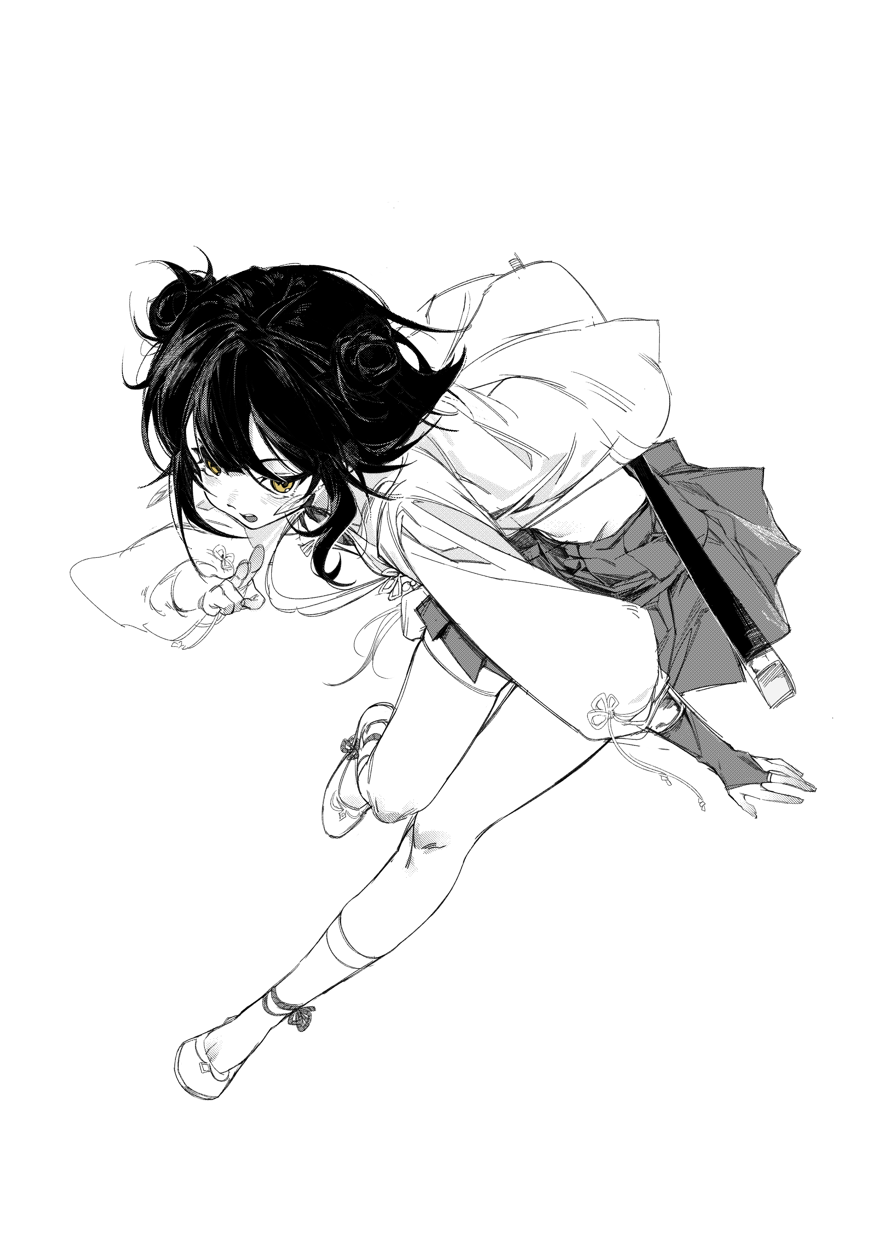 original, absurdres, commentary request, highres, 1girl, bridal gauntlets, double bun, full body, greyscale, hair bun, huguanling, leg up, looking at viewer, monochrome, open mouth, pleated skirt, puffy sleeves, short hair, simple background, skirt, socks, solo, spot color, teeth, upper teeth only, white background, yellow eyes